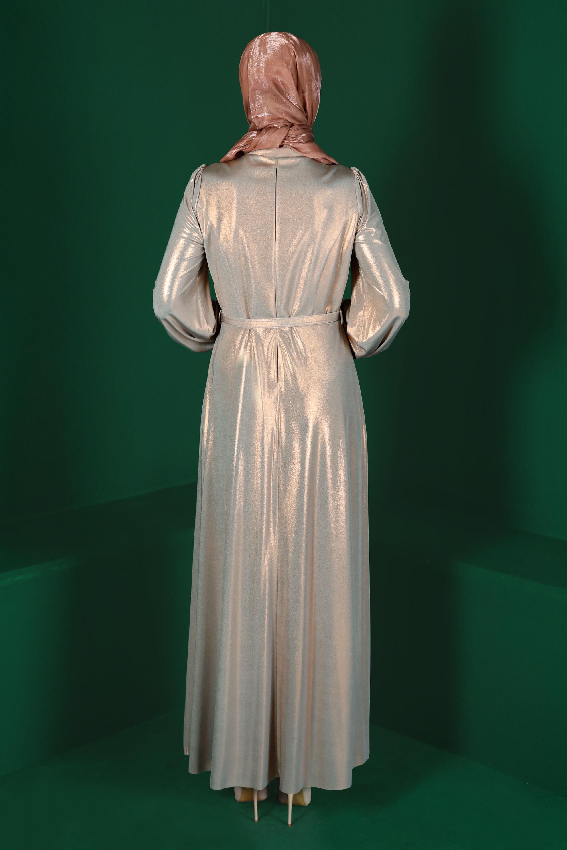 Tesettür giyim ALTIN KEMERLİ PARLAK ABİYE ELBİSE 50247 