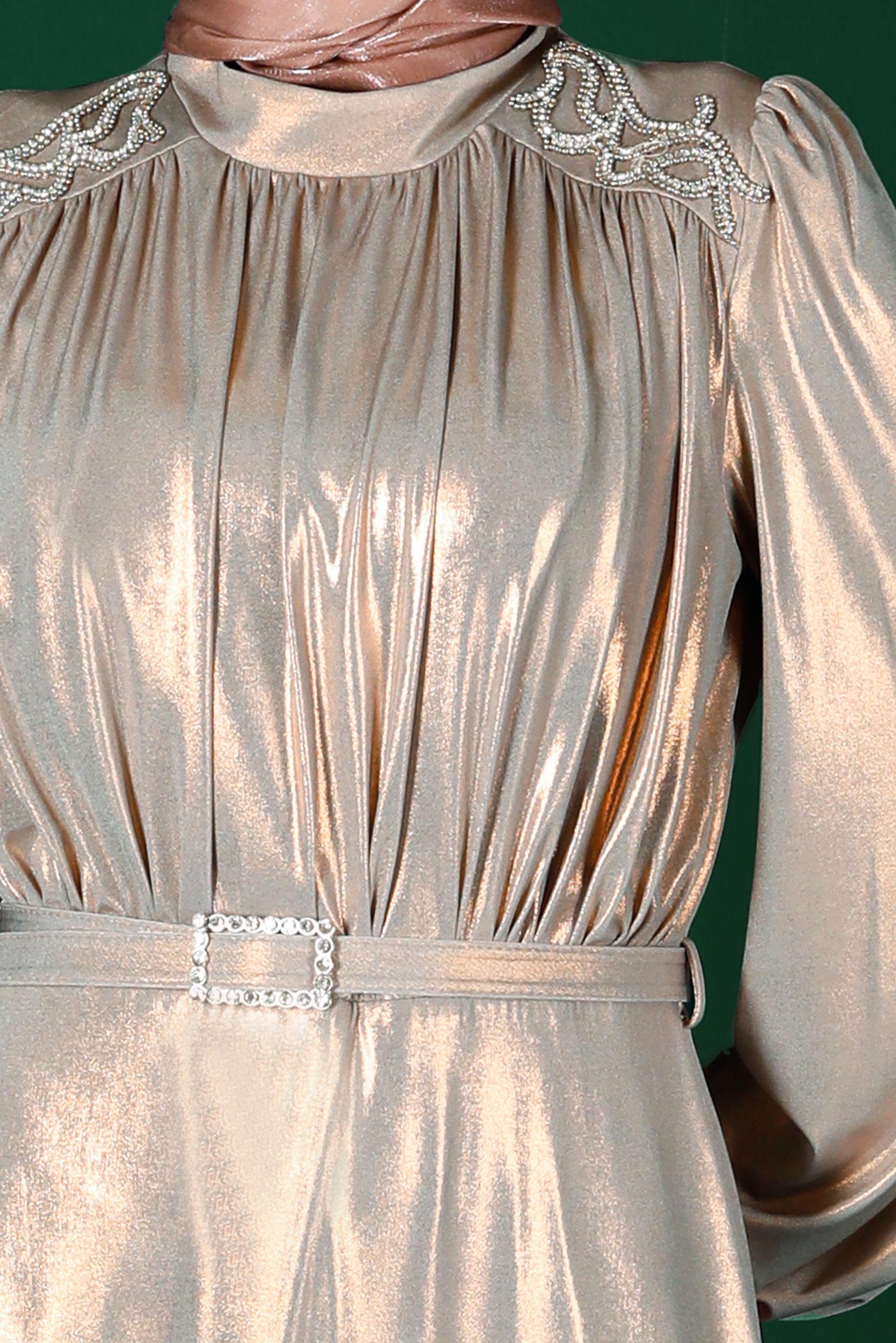 Tesettür giyim ALTIN KEMERLİ PARLAK ABİYE ELBİSE 50247 