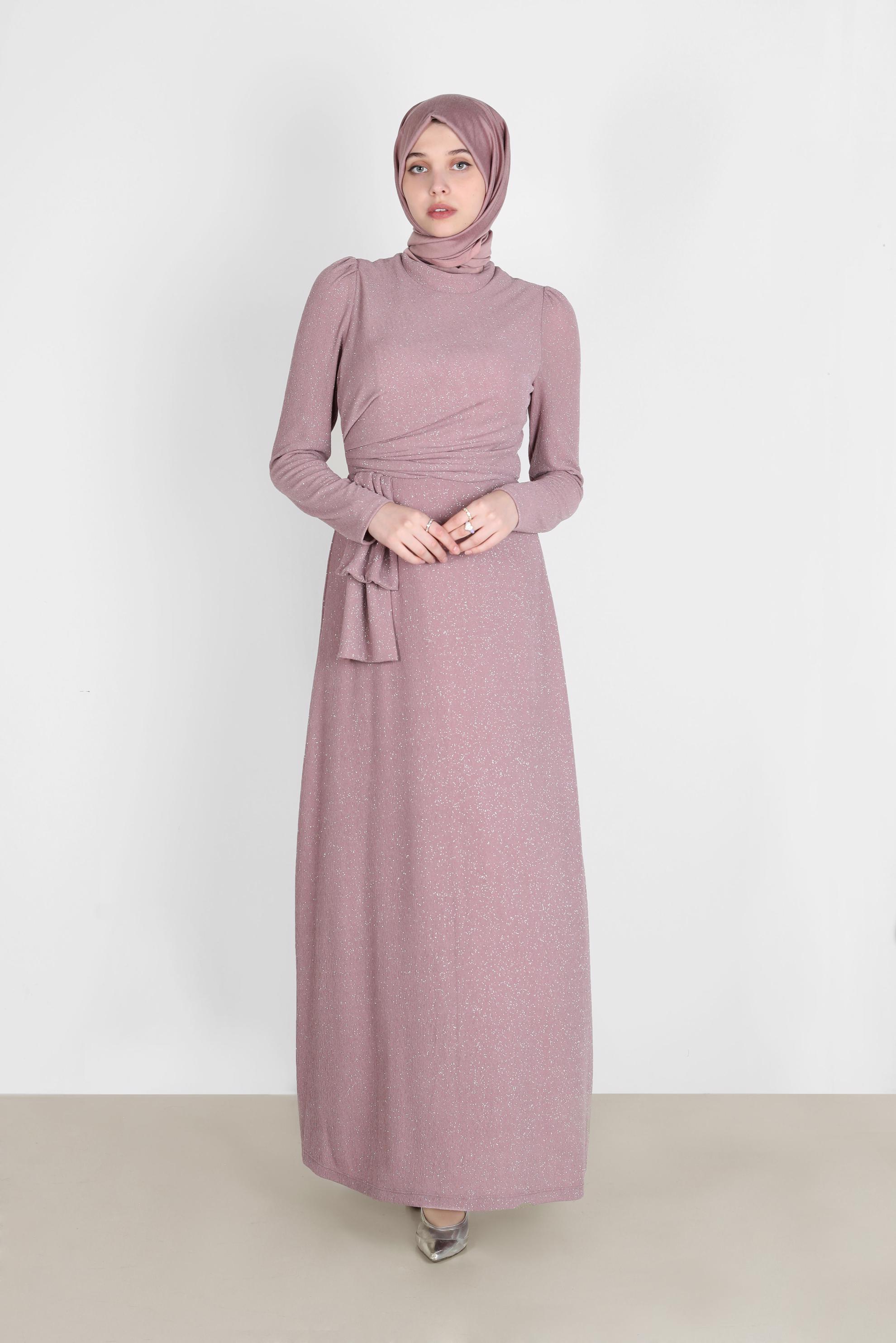 Tesettür giyim PUDRA YANDAN BÜZGÜLÜ SİMLİ ABİYE ELBİSE 50249 