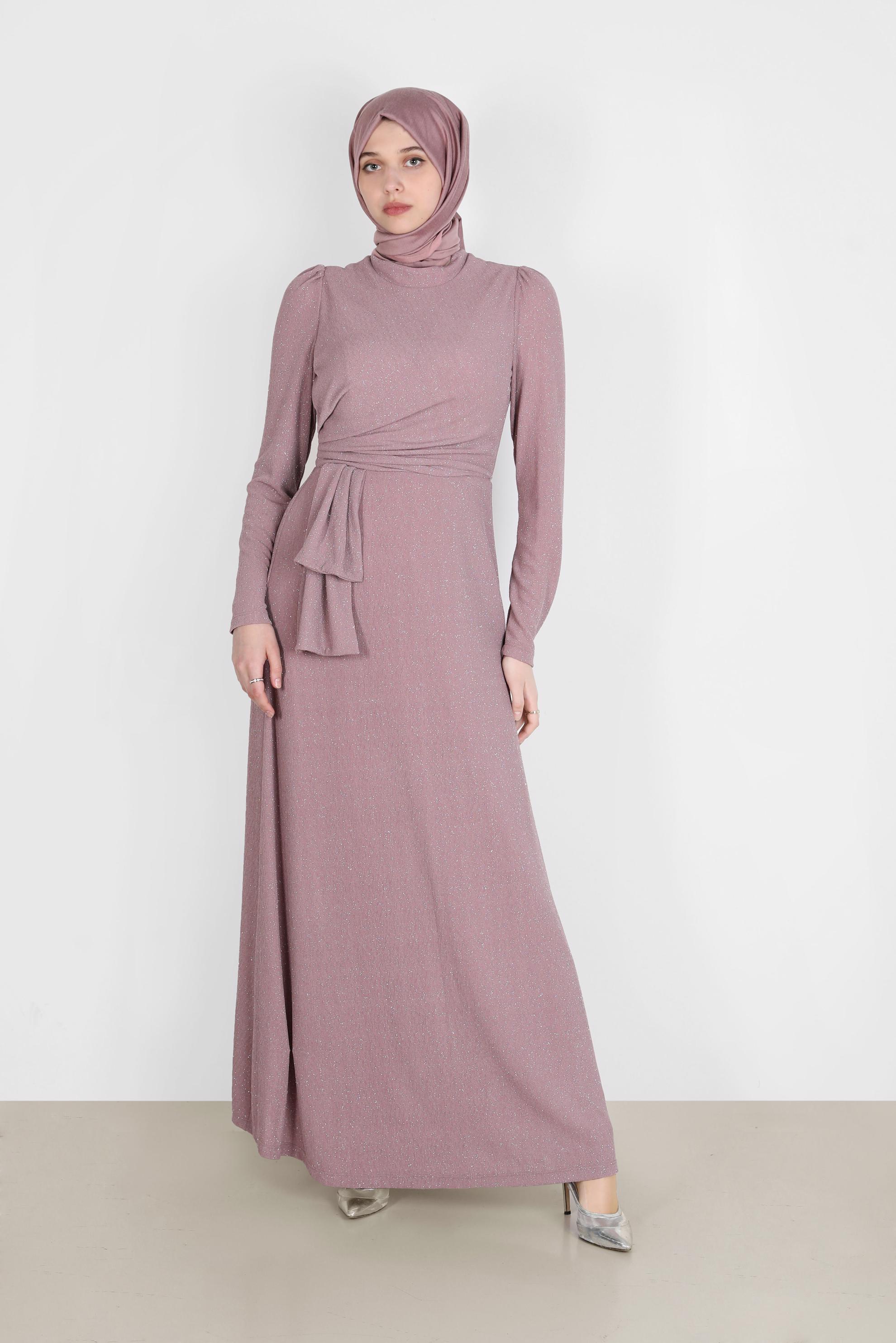 Tesettür giyim PUDRA YANDAN BÜZGÜLÜ SİMLİ ABİYE ELBİSE 50249 