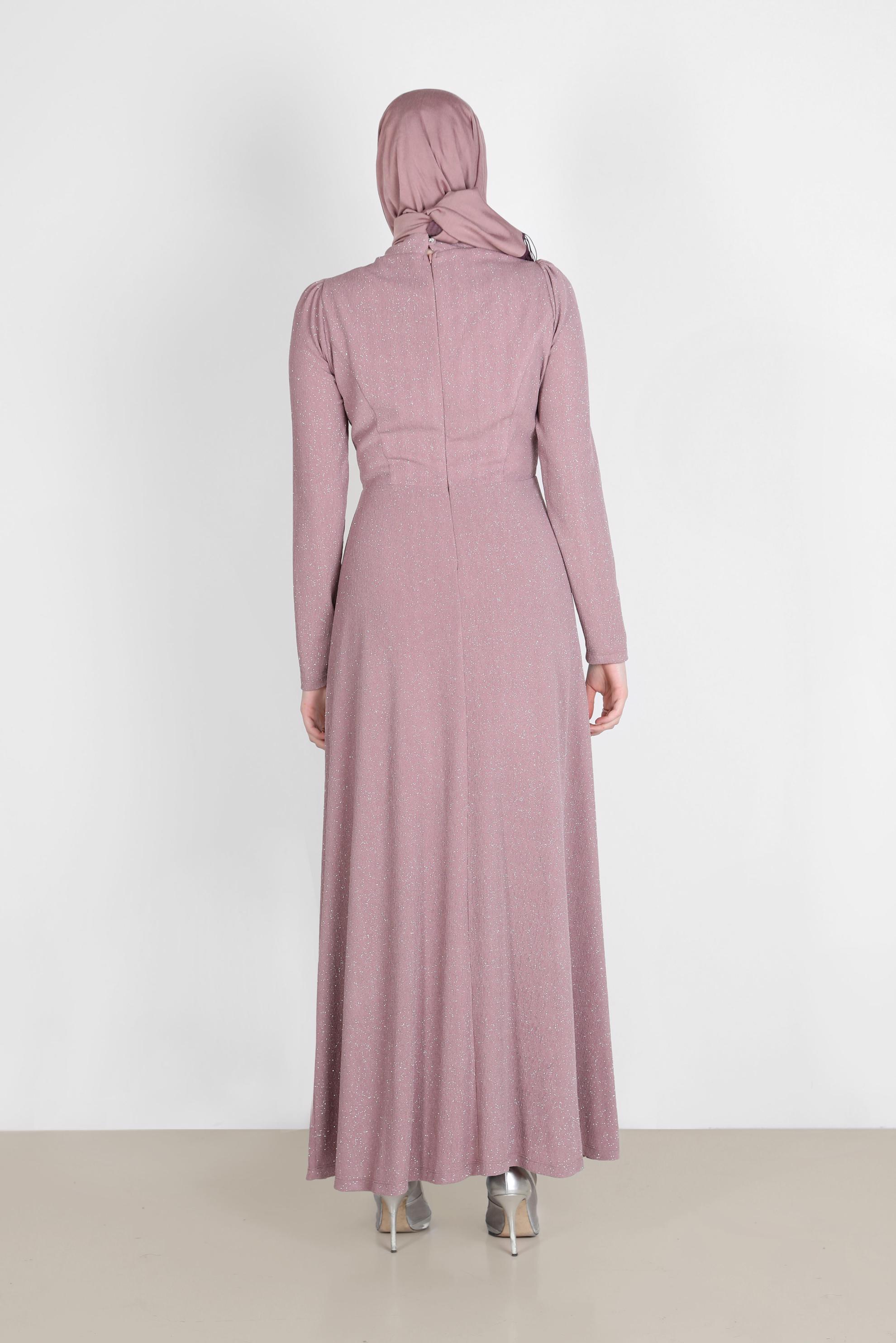 Tesettür giyim PUDRA YANDAN BÜZGÜLÜ SİMLİ ABİYE ELBİSE 50249 