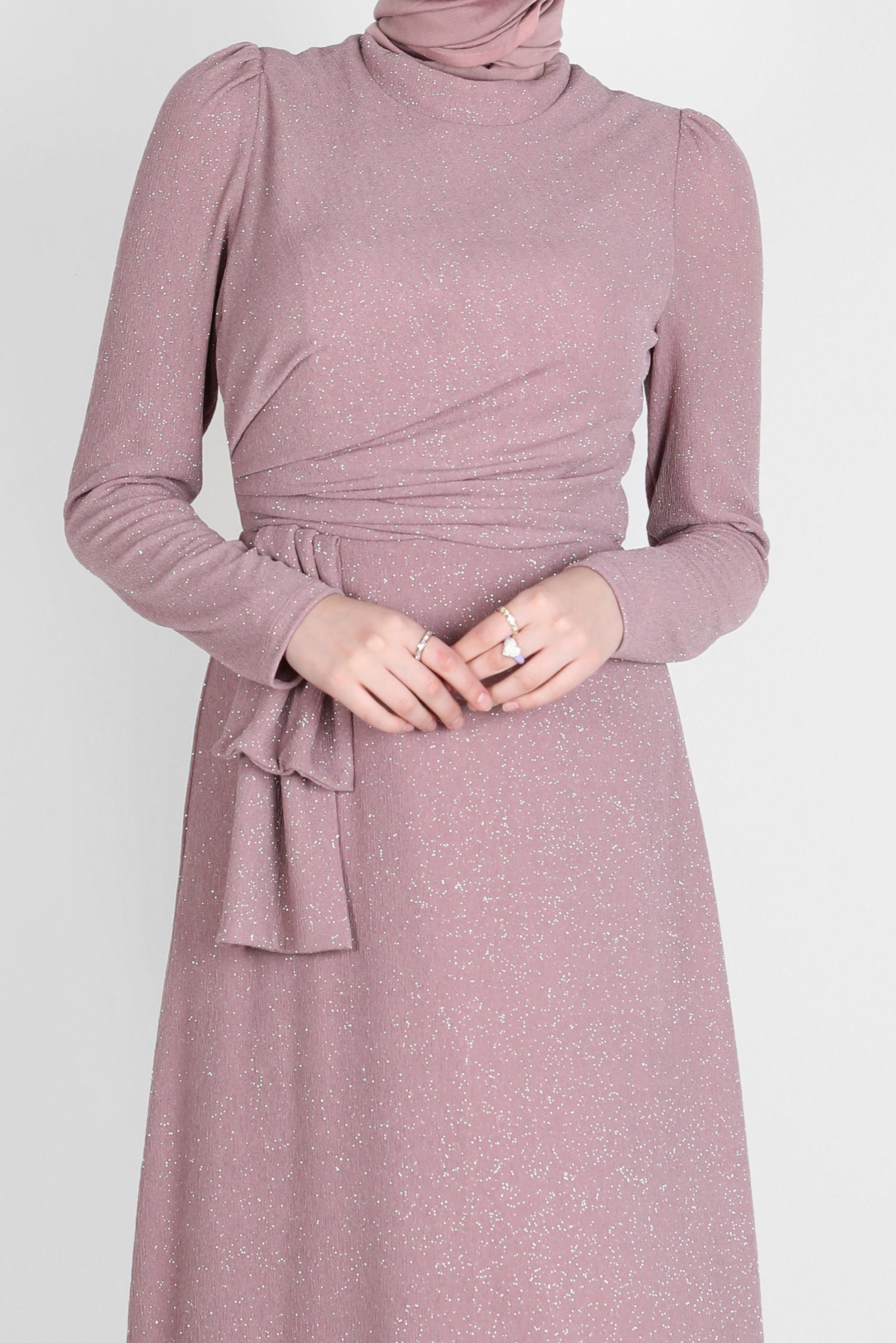 Tesettür giyim PUDRA YANDAN BÜZGÜLÜ SİMLİ ABİYE ELBİSE 50249 