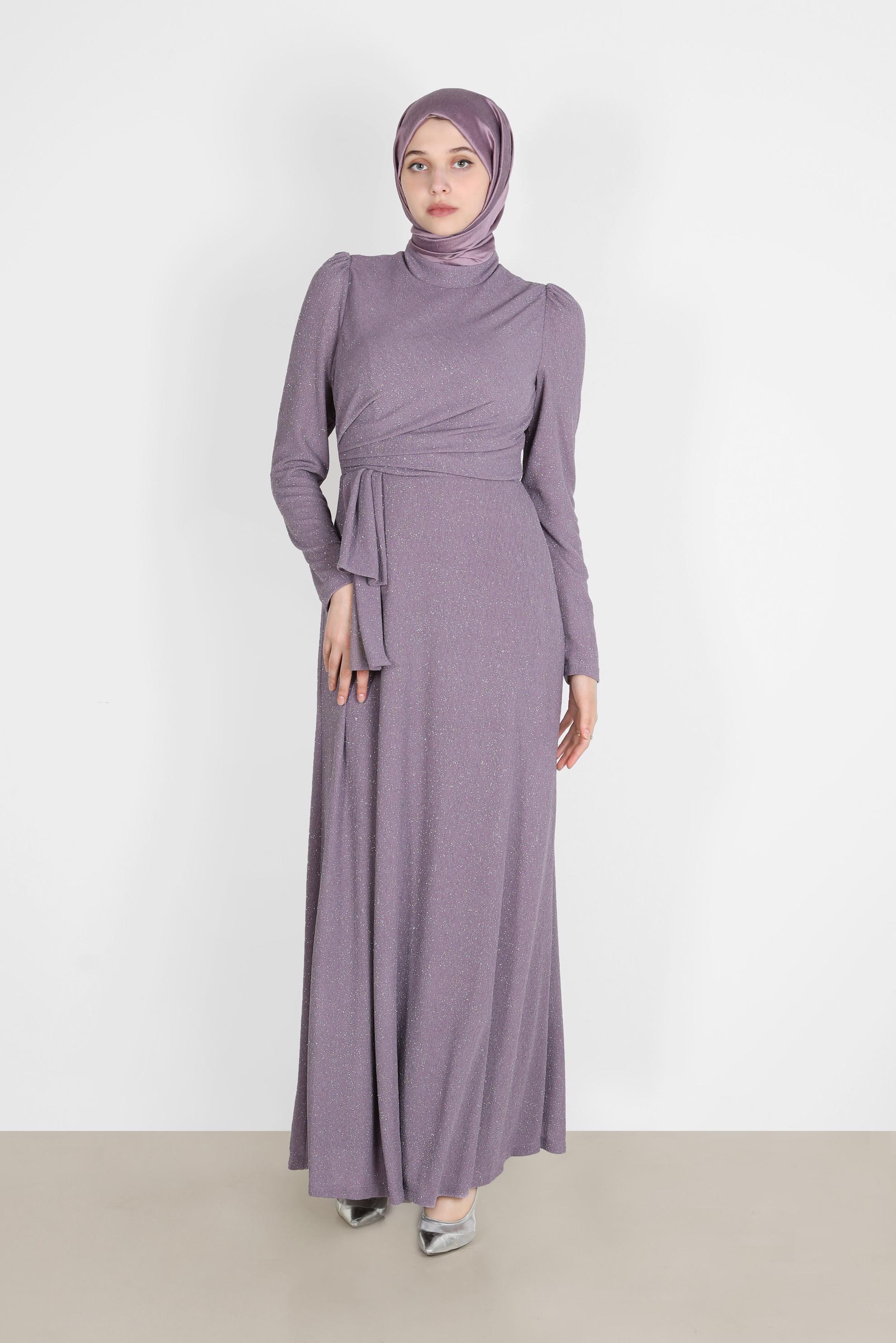 Tesettür giyim MOR YANDAN BÜZGÜLÜ SİMLİ ABİYE ELBİSE 50249 