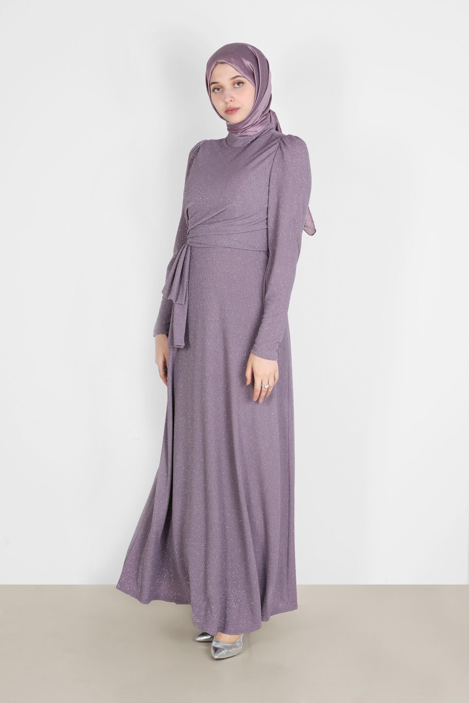 Tesettür giyim MOR YANDAN BÜZGÜLÜ SİMLİ ABİYE ELBİSE 50249 