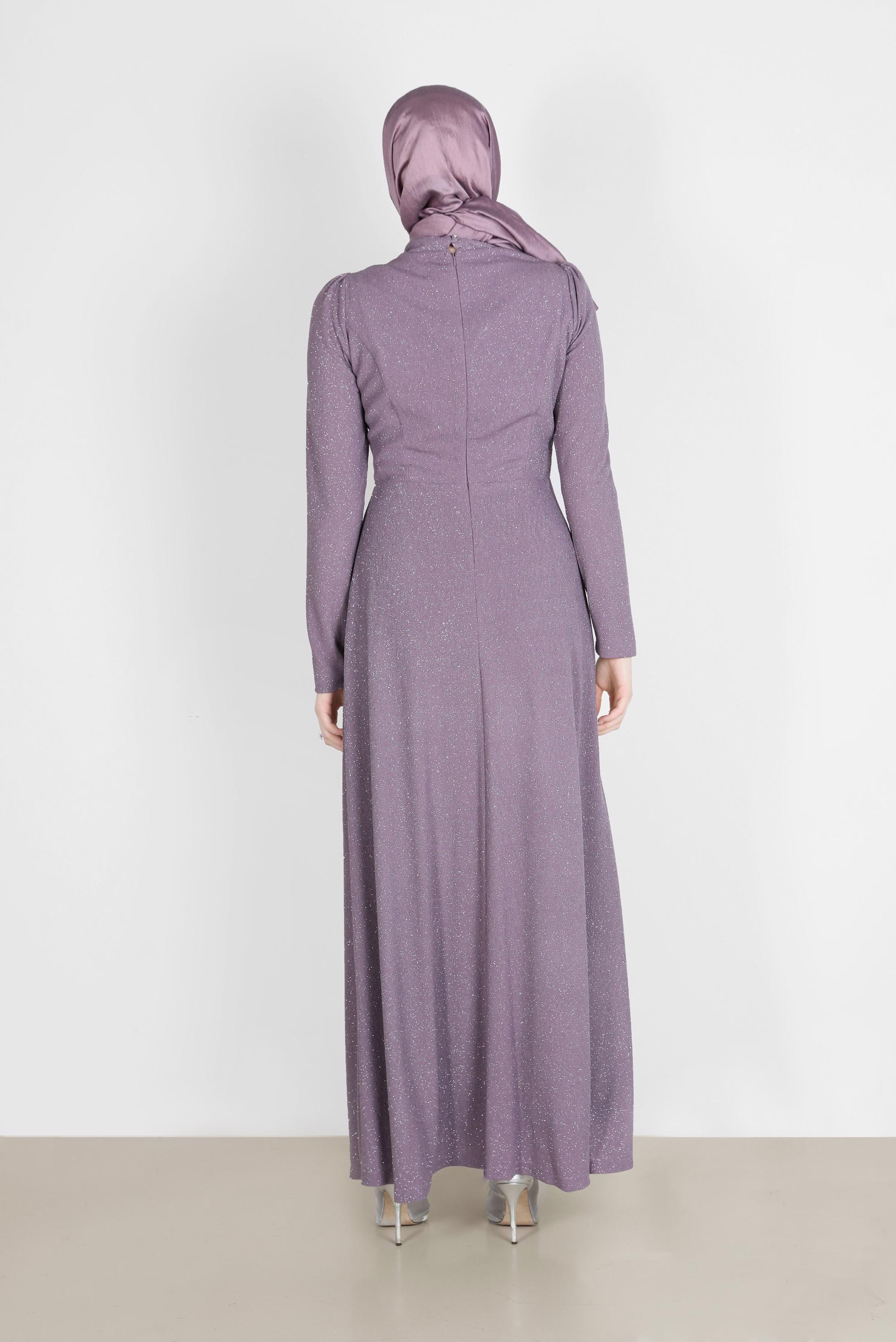 Tesettür giyim MOR YANDAN BÜZGÜLÜ SİMLİ ABİYE ELBİSE 50249 