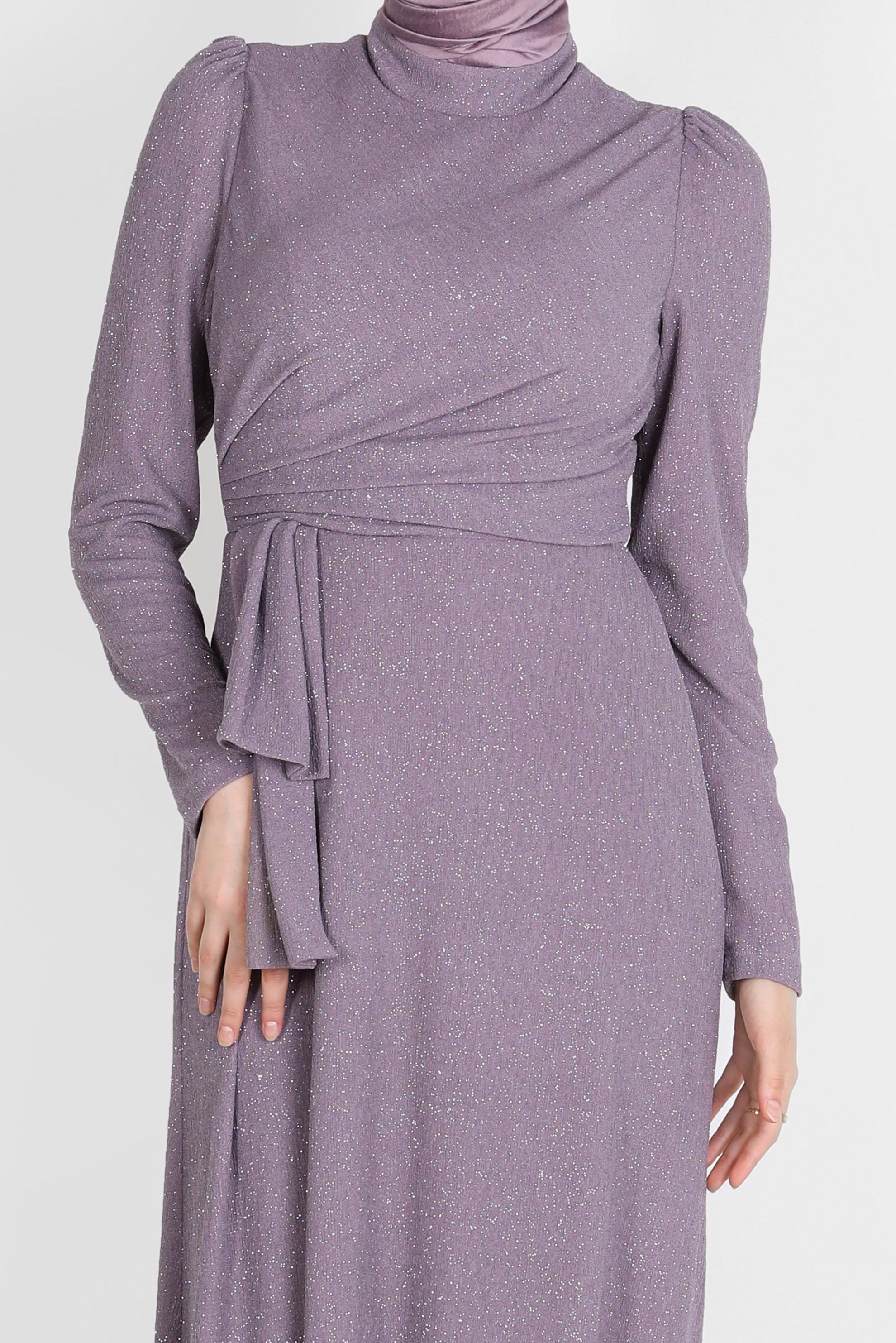 Tesettür giyim MOR YANDAN BÜZGÜLÜ SİMLİ ABİYE ELBİSE 50249 