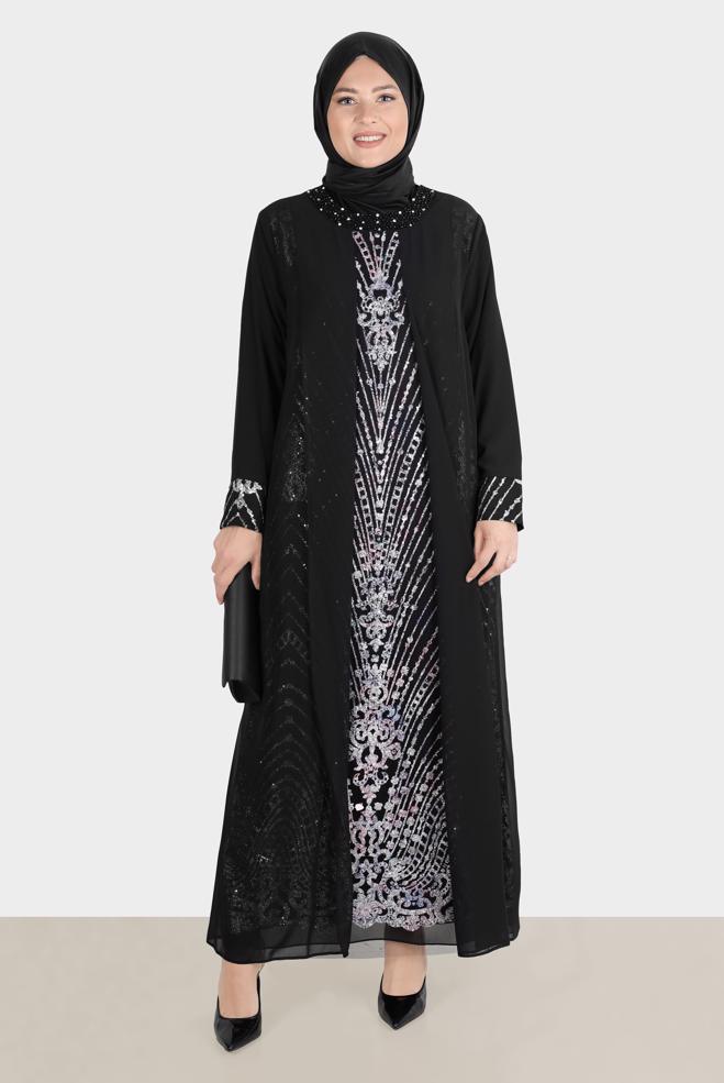 Tesettür giyim FUŞYA TÜL DETAYLI TAŞLI ABİYE 50251 - ALVİNA