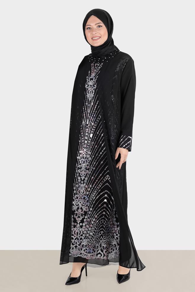 Tesettür giyim FUŞYA TÜL DETAYLI TAŞLI ABİYE 50251 - ALVİNA