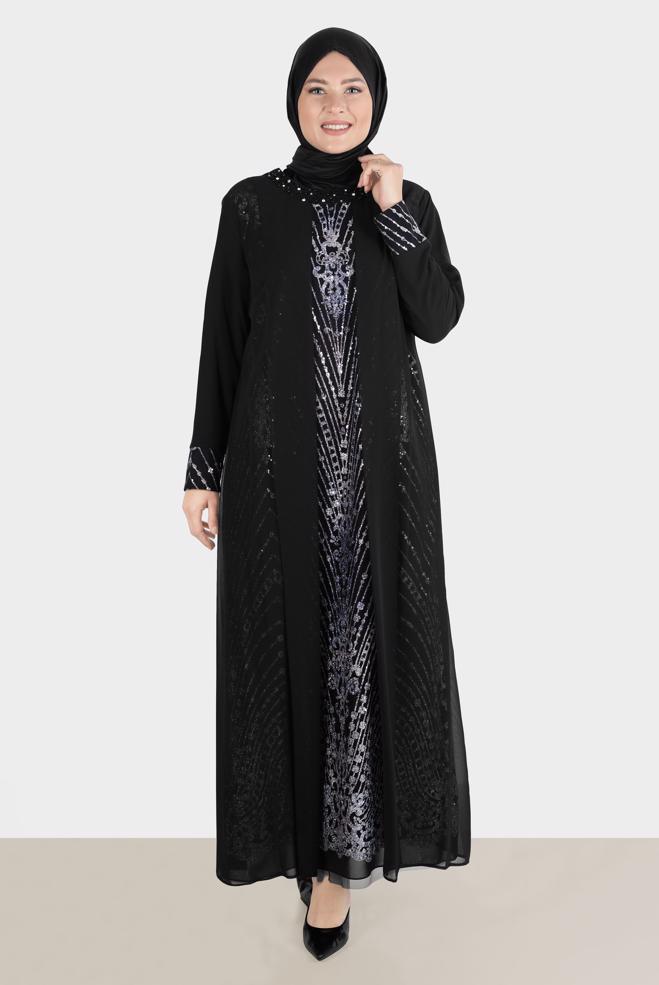 Tesettür giyim LACİVERT TÜL DETAYLI TAŞLI ABİYE 50251 - ALVİNA