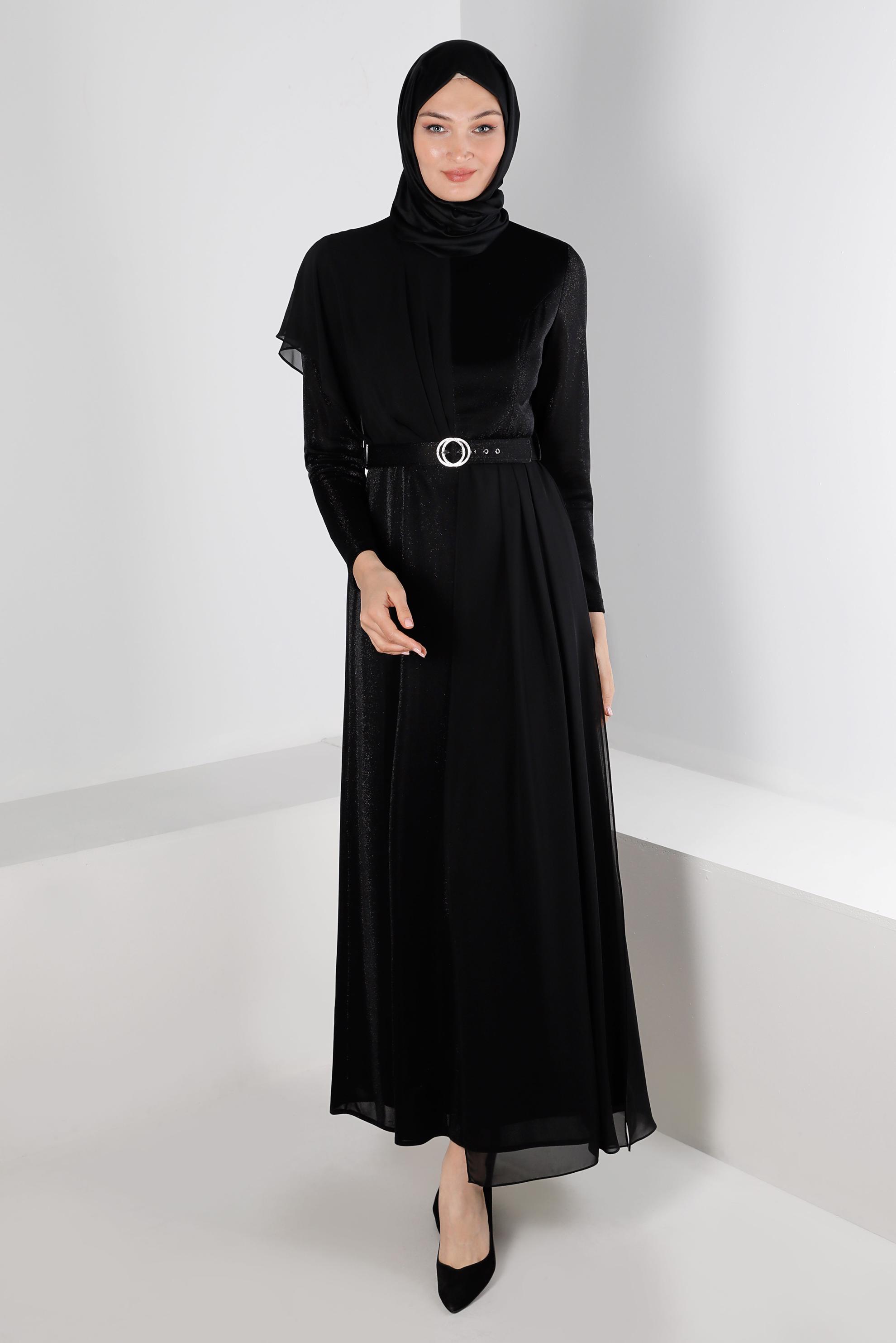 Vêtements hijab NOIR ROBE DE SOIRÉE À PAILLETTES ET CEINTURE 50254