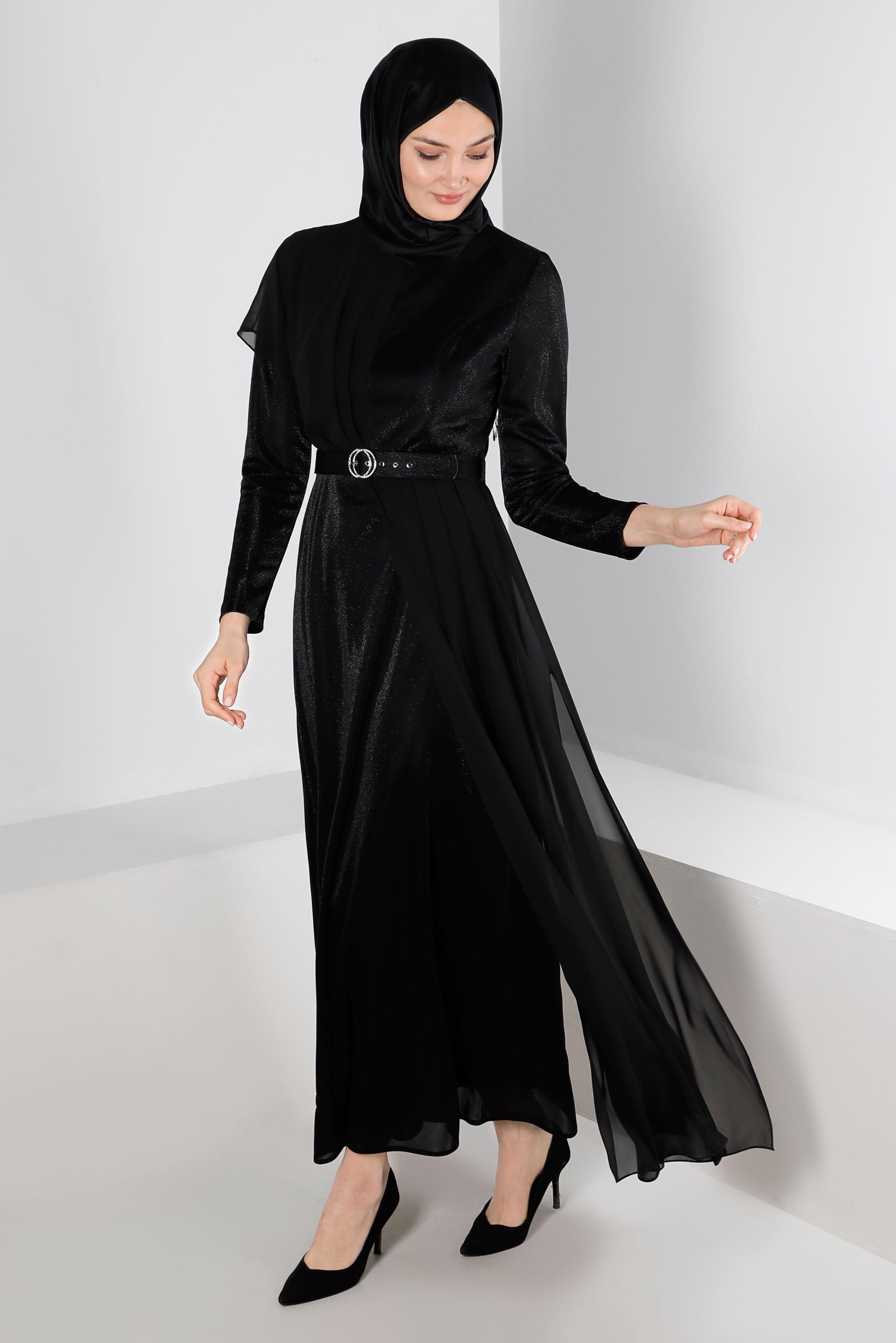 Vêtements hijab NOIR ROBE DE SOIRÉE À PAILLETTES ET CEINTURE 50254
