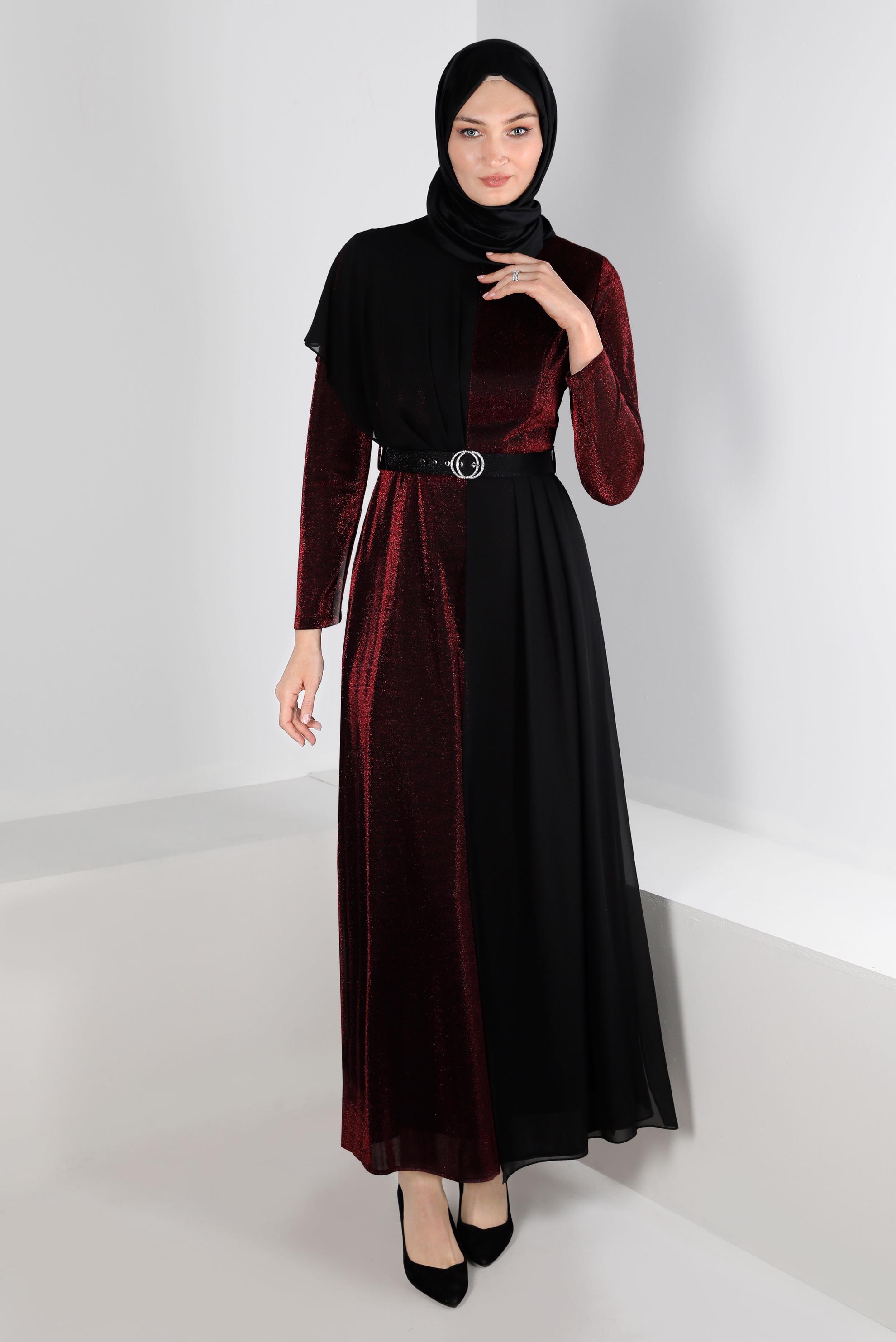 Tesettür giyim SİYAH KEMERLİ SİMLİ ABİYE ELBİSE 50254