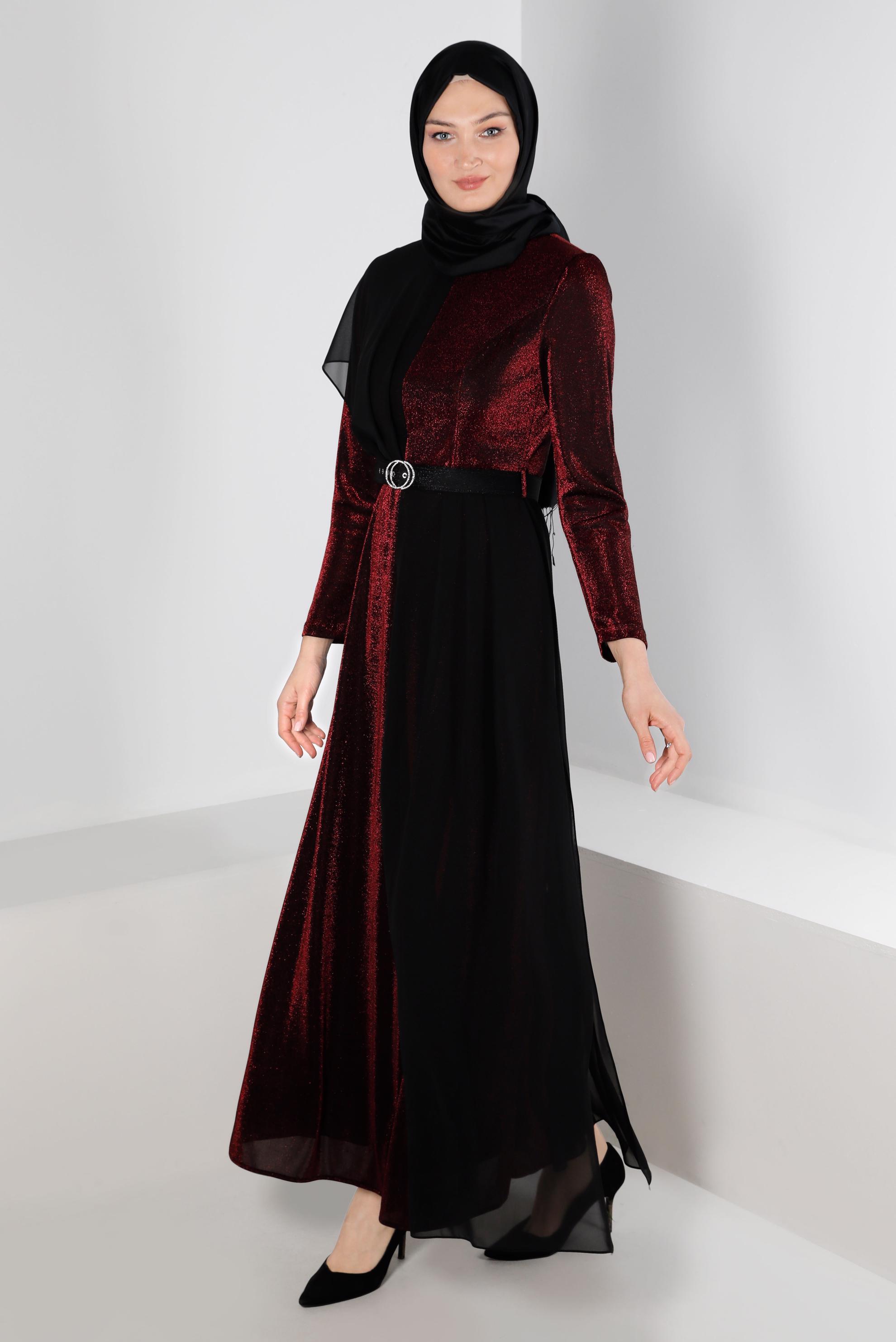 Tesettür giyim SİYAH KEMERLİ SİMLİ ABİYE ELBİSE 50254