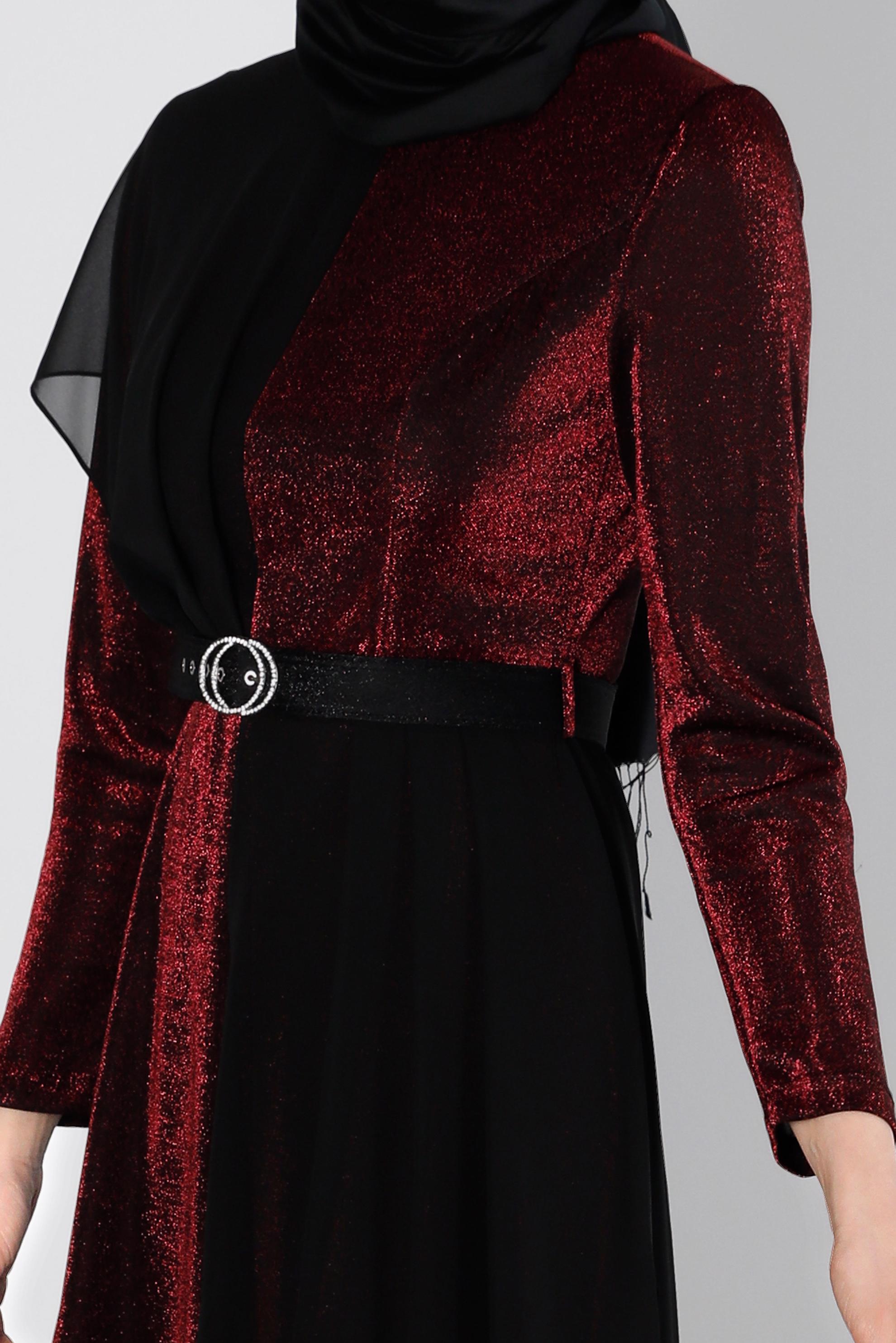 Tesettür giyim SİYAH KEMERLİ SİMLİ ABİYE ELBİSE 50254