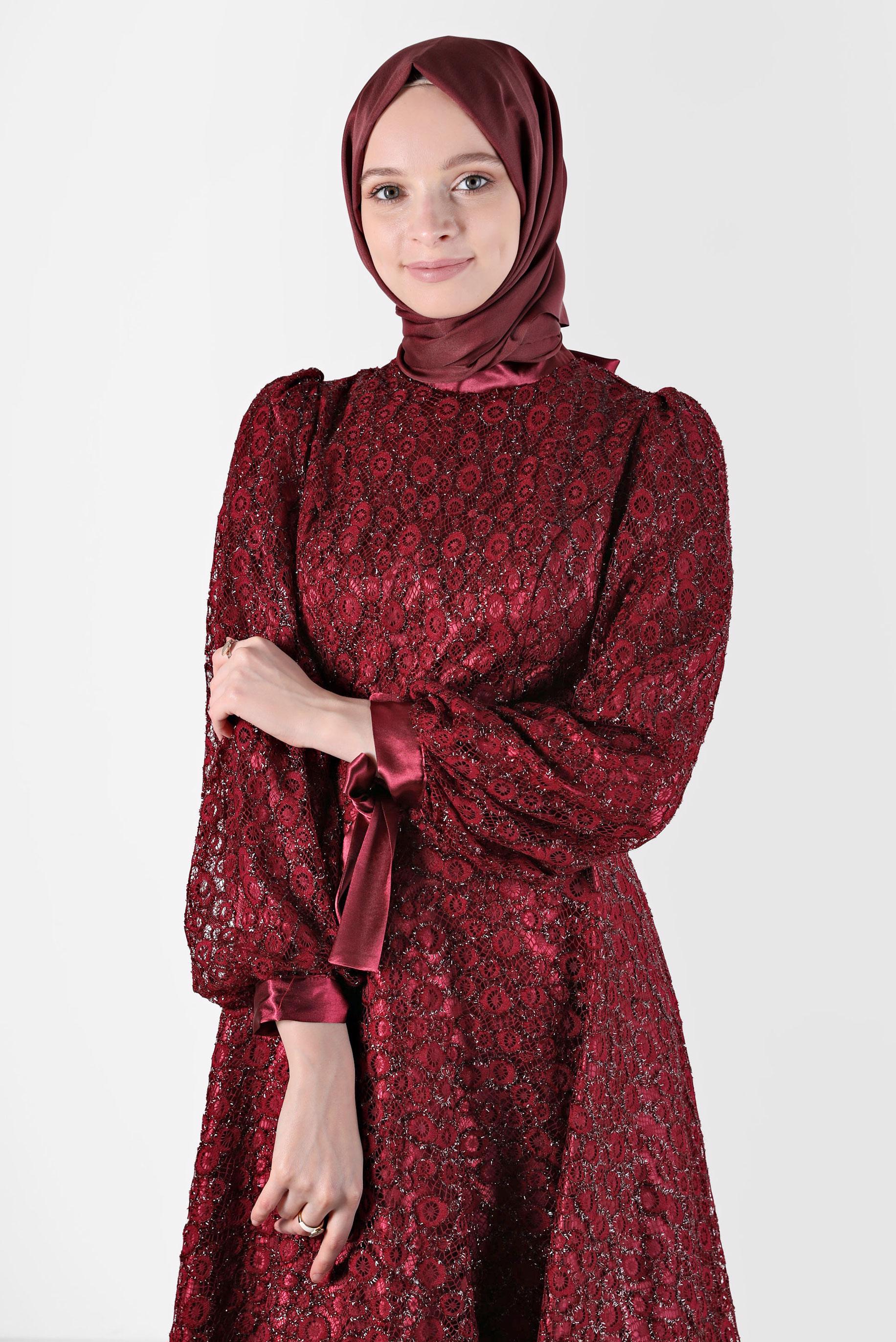 Tesettür giyim BORDO FİYONK DETAYLI DANTELLİ ABİYE 50256