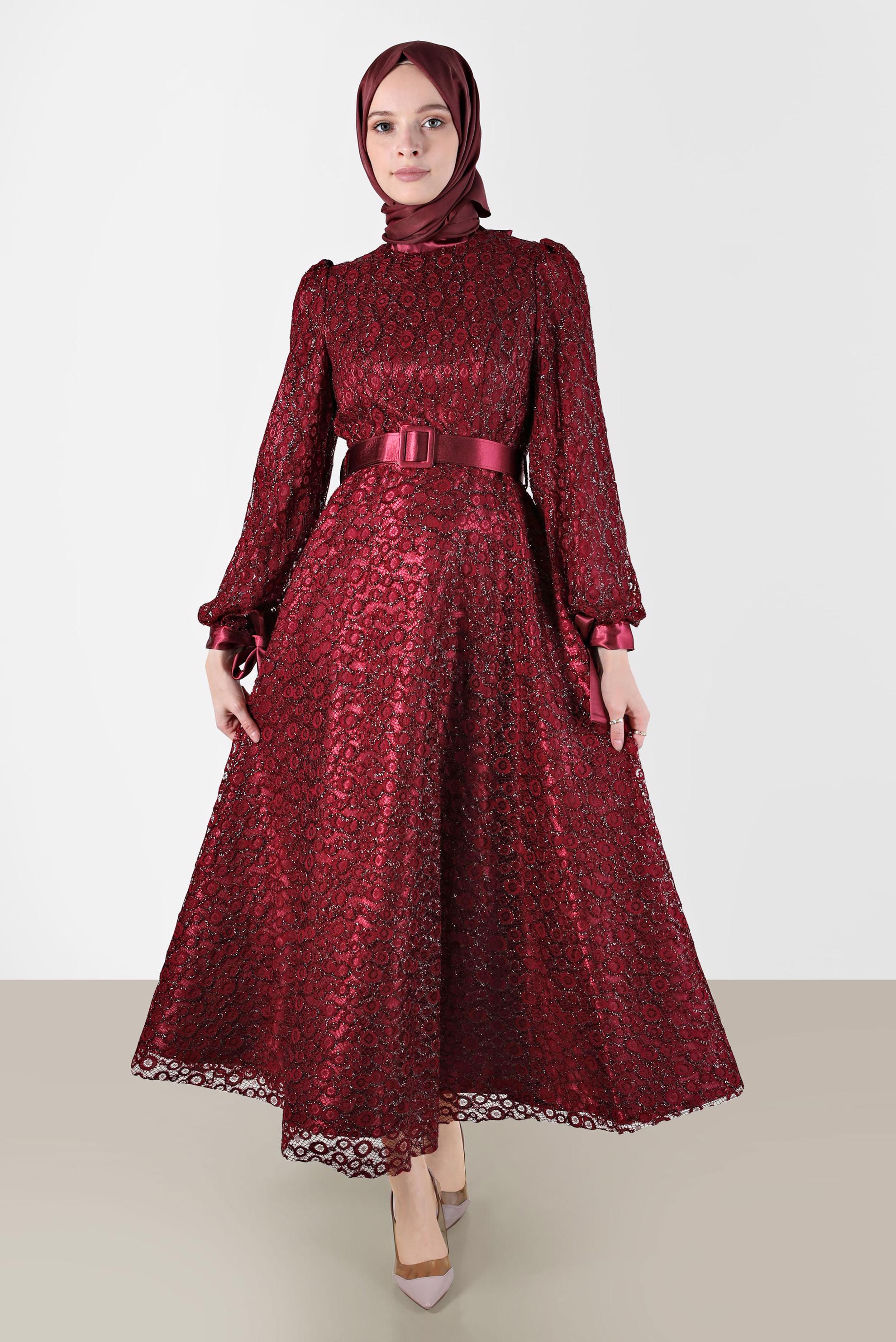 Tesettür giyim BORDO FİYONK DETAYLI DANTELLİ ABİYE 50256