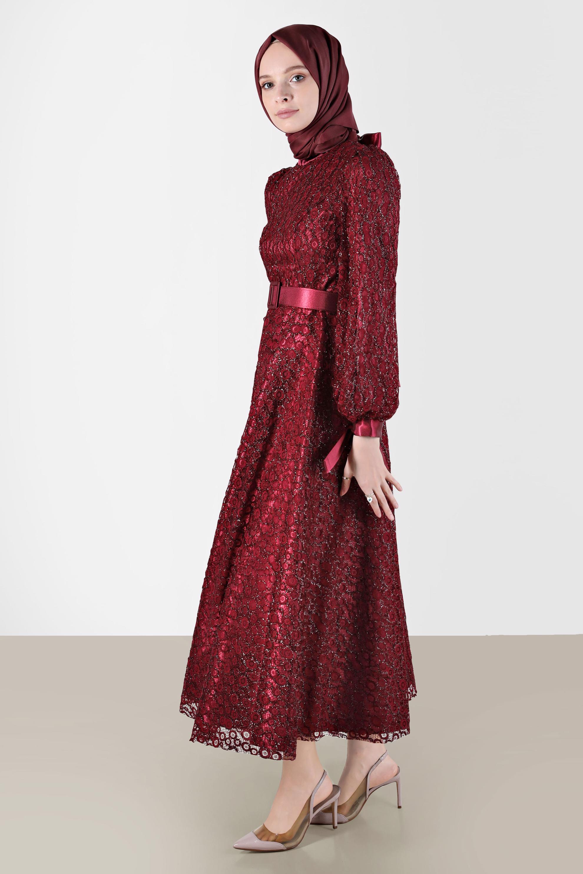 Tesettür giyim BORDO FİYONK DETAYLI DANTELLİ ABİYE 50256