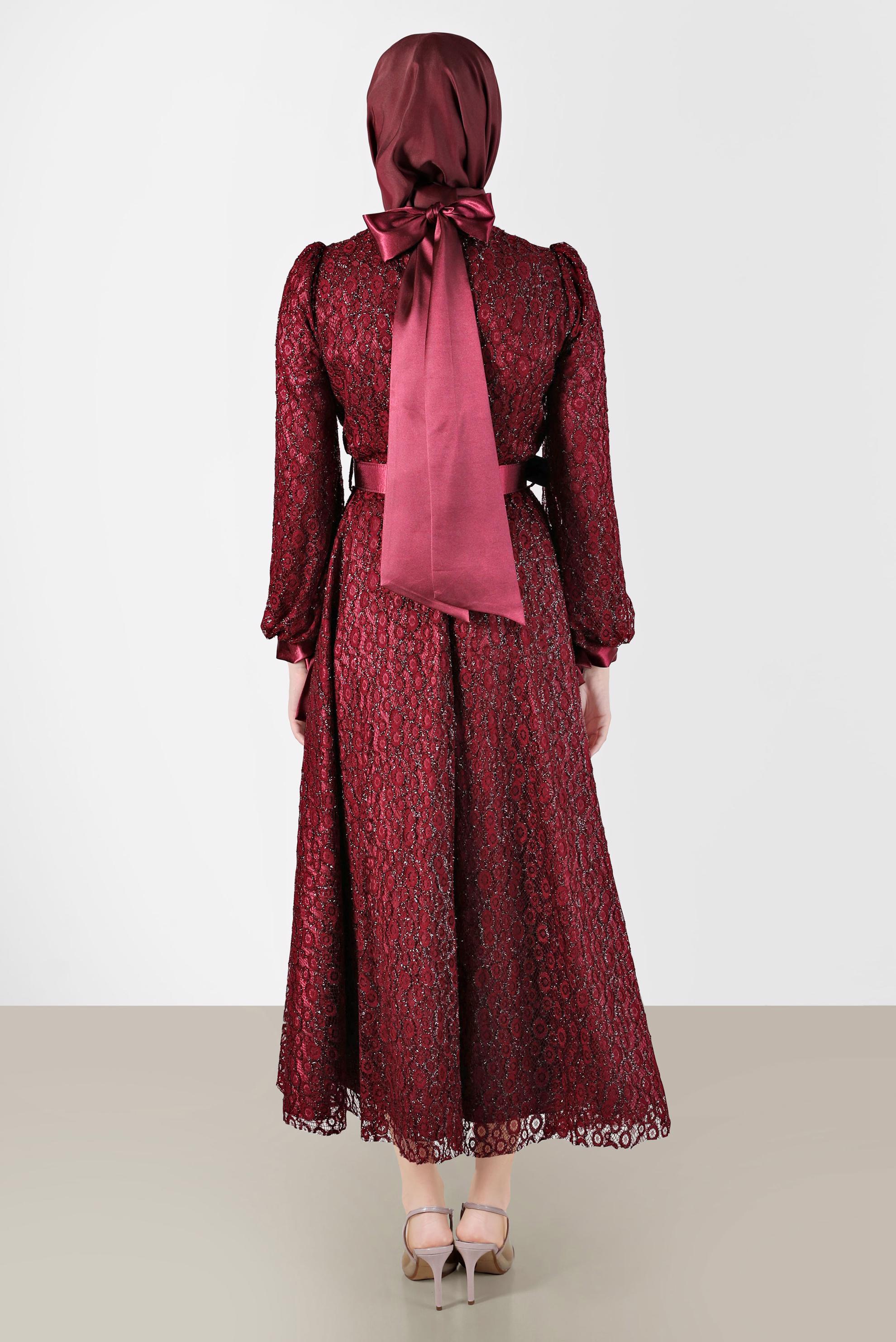 Tesettür giyim BORDO FİYONK DETAYLI DANTELLİ ABİYE 50256