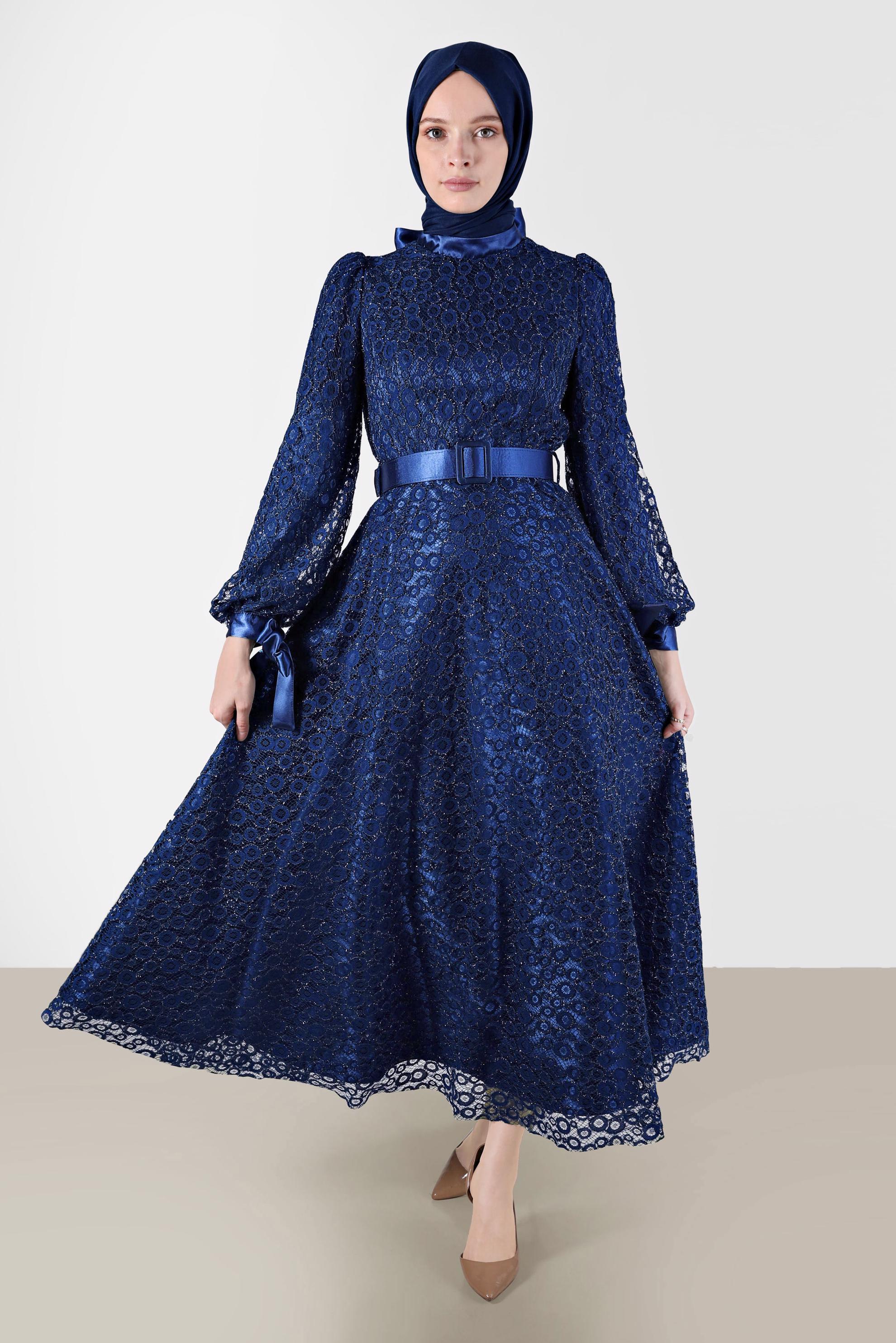 Tesettür giyim LACİVERT FİYONK DETAYLI DANTELLİ ABİYE 50256