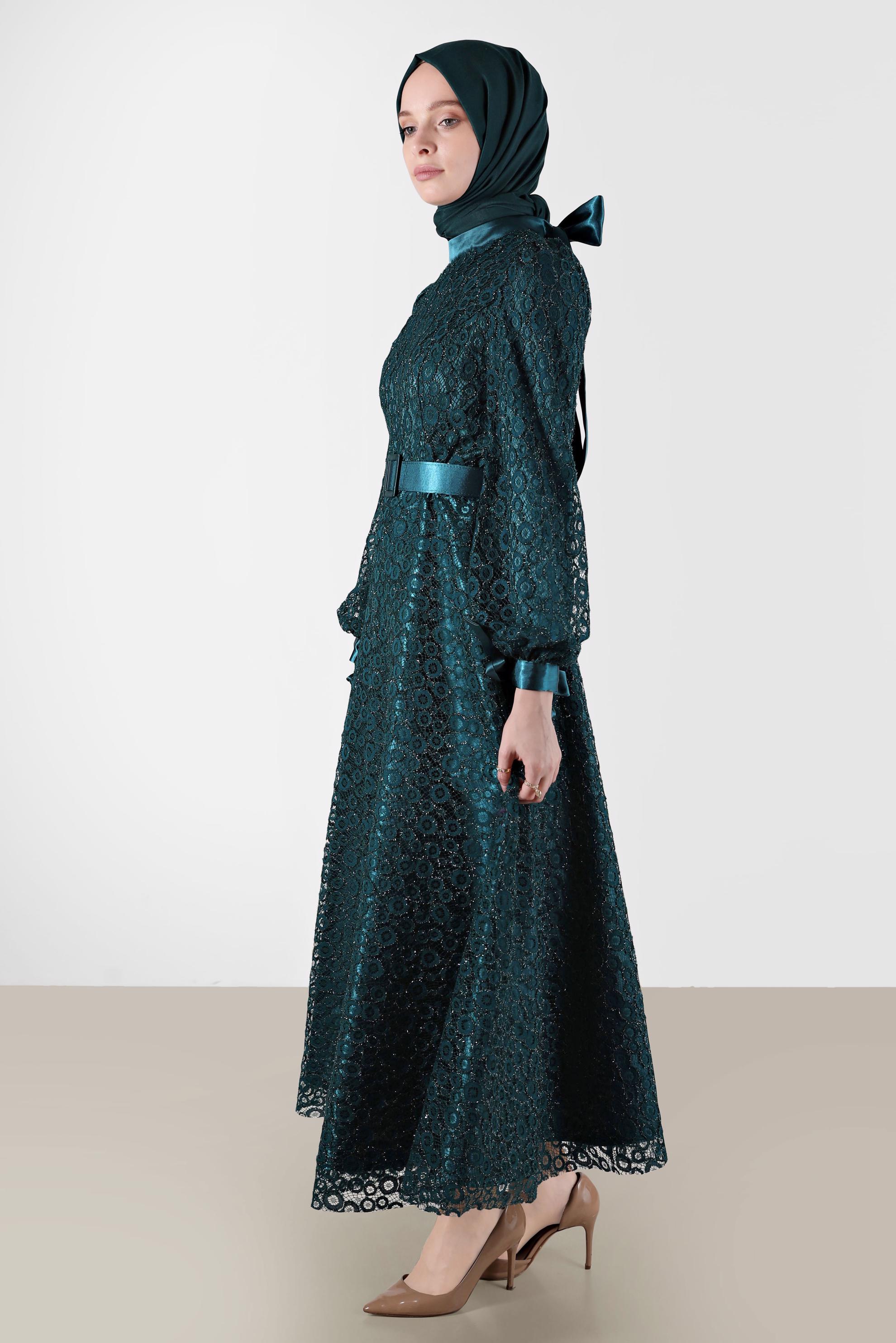 Tesettür giyim YEŞİL FİYONK DETAYLI DANTELLİ ABİYE 50256