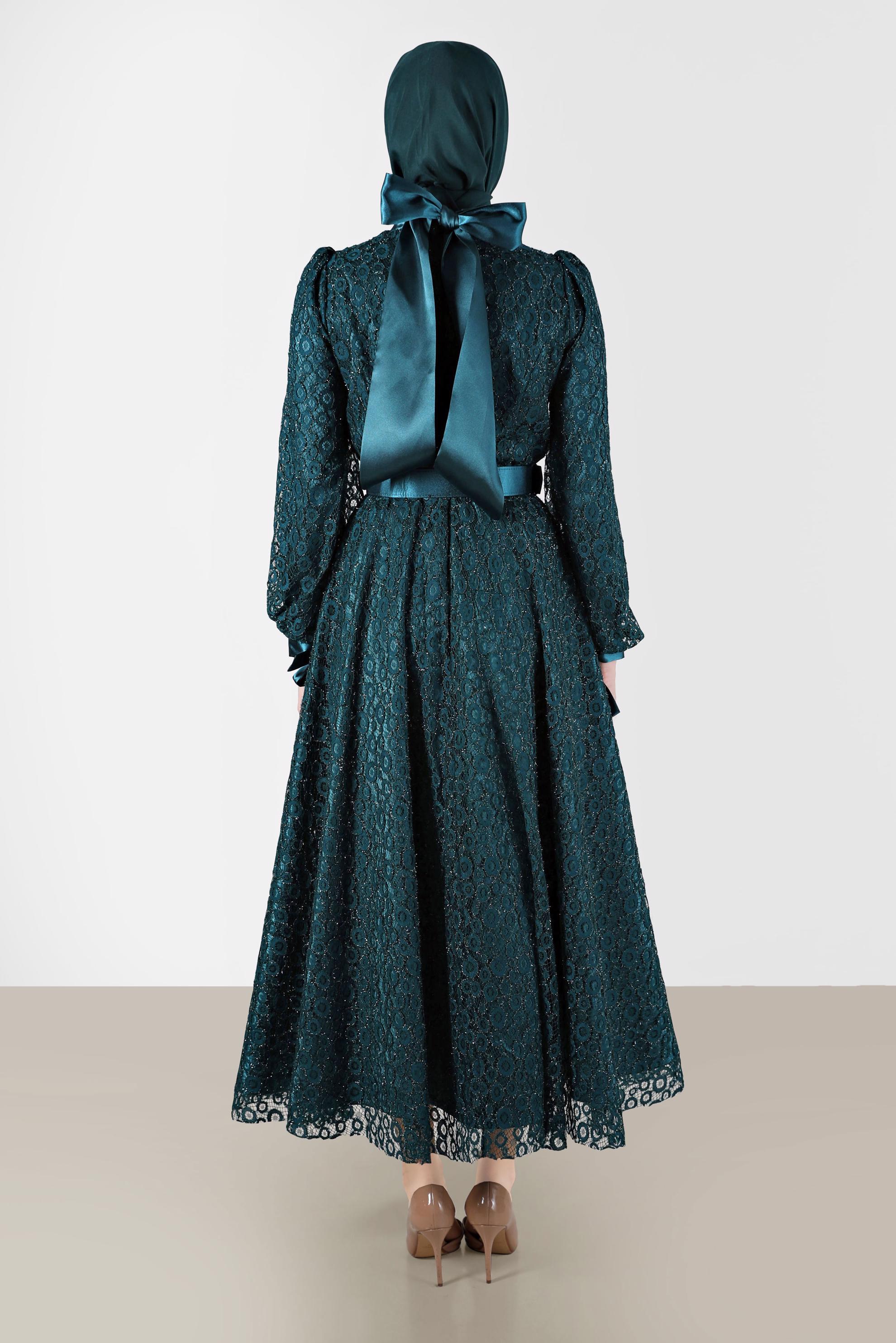 Tesettür giyim YEŞİL FİYONK DETAYLI DANTELLİ ABİYE 50256