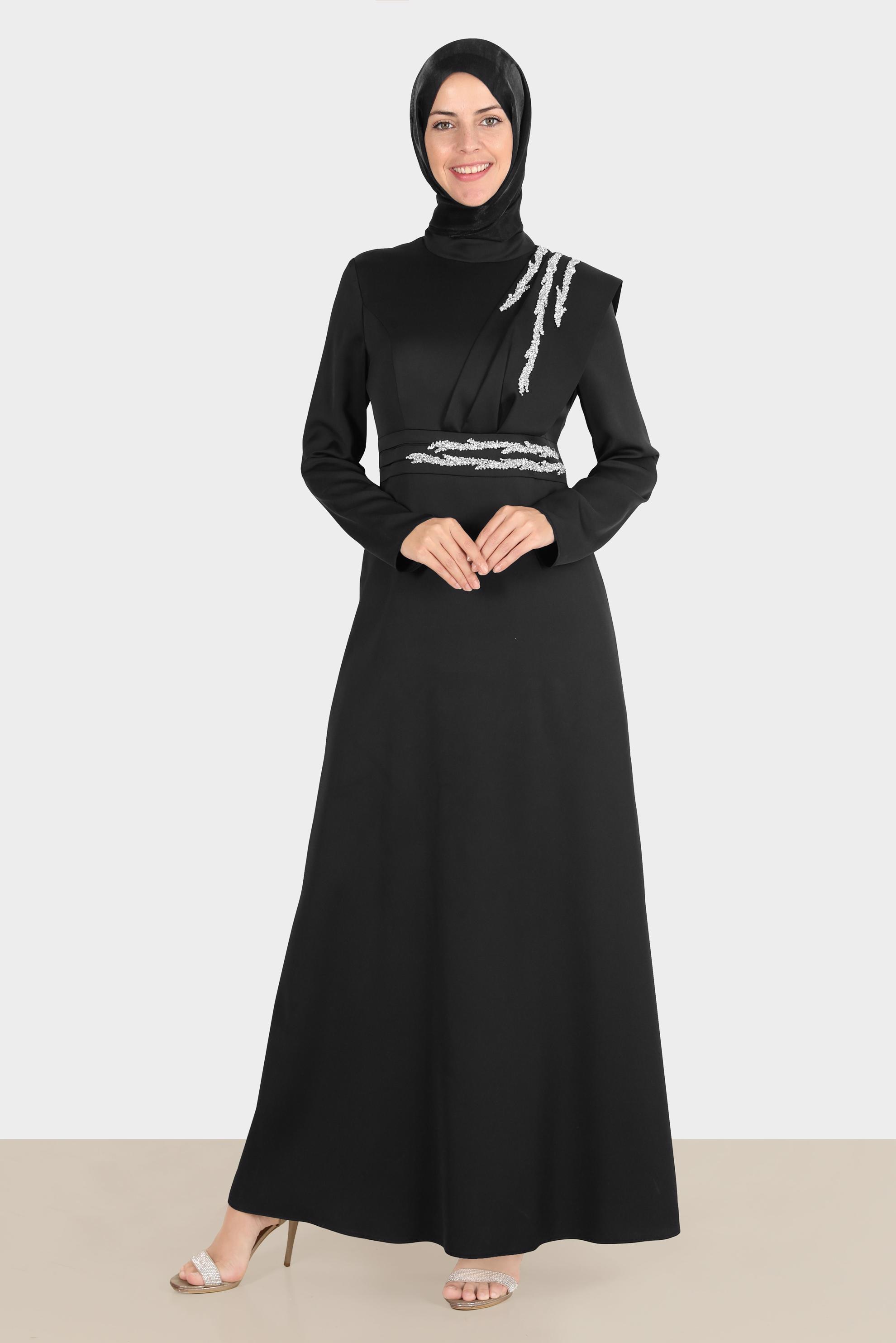 Tesettür giyim SİYAH TAŞ İŞLEMELİ SATEN ABİYE 50257 