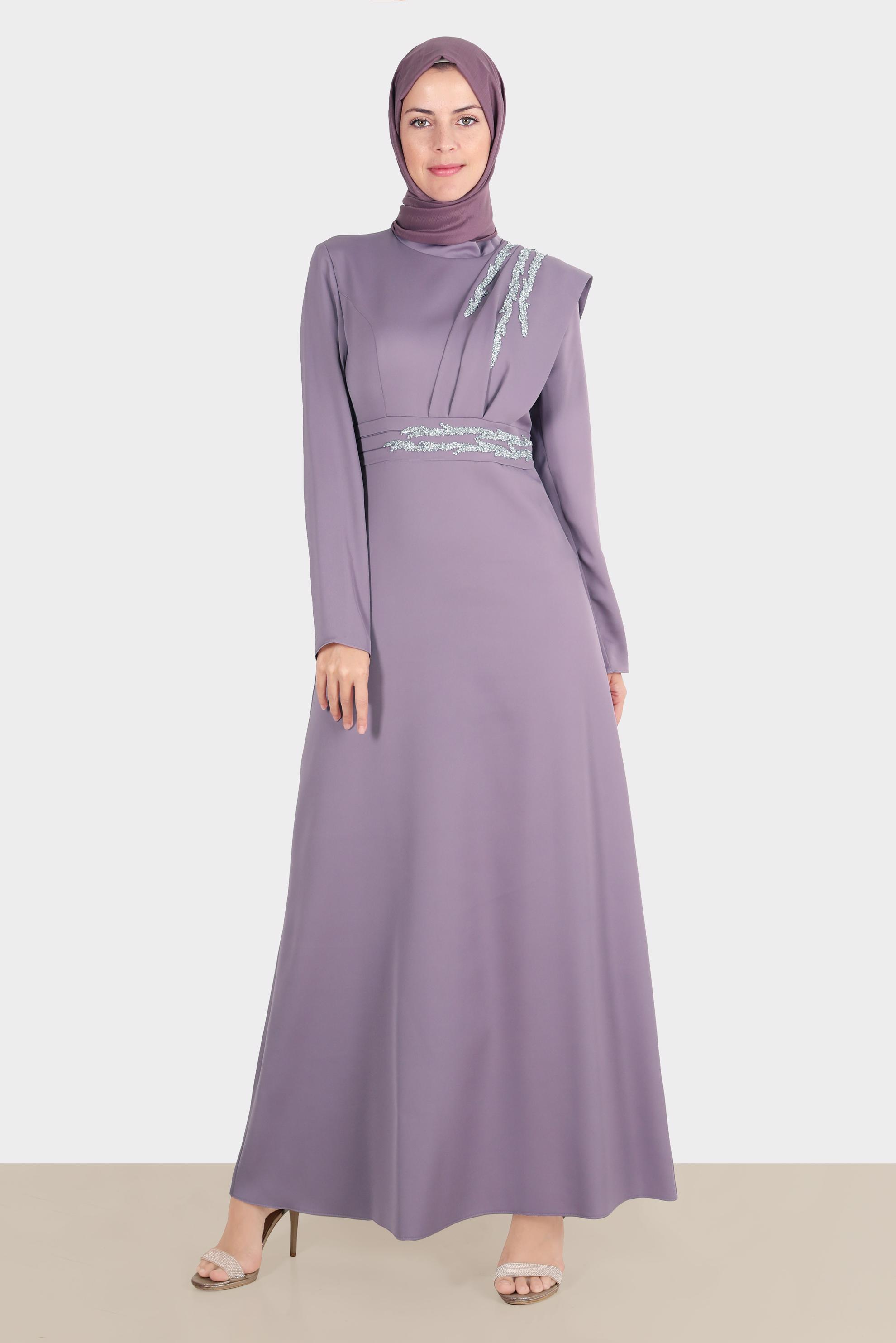 Hijab clothing PURPLE GEM EMBROIDERED SATIN EVENING DRESS 50257 