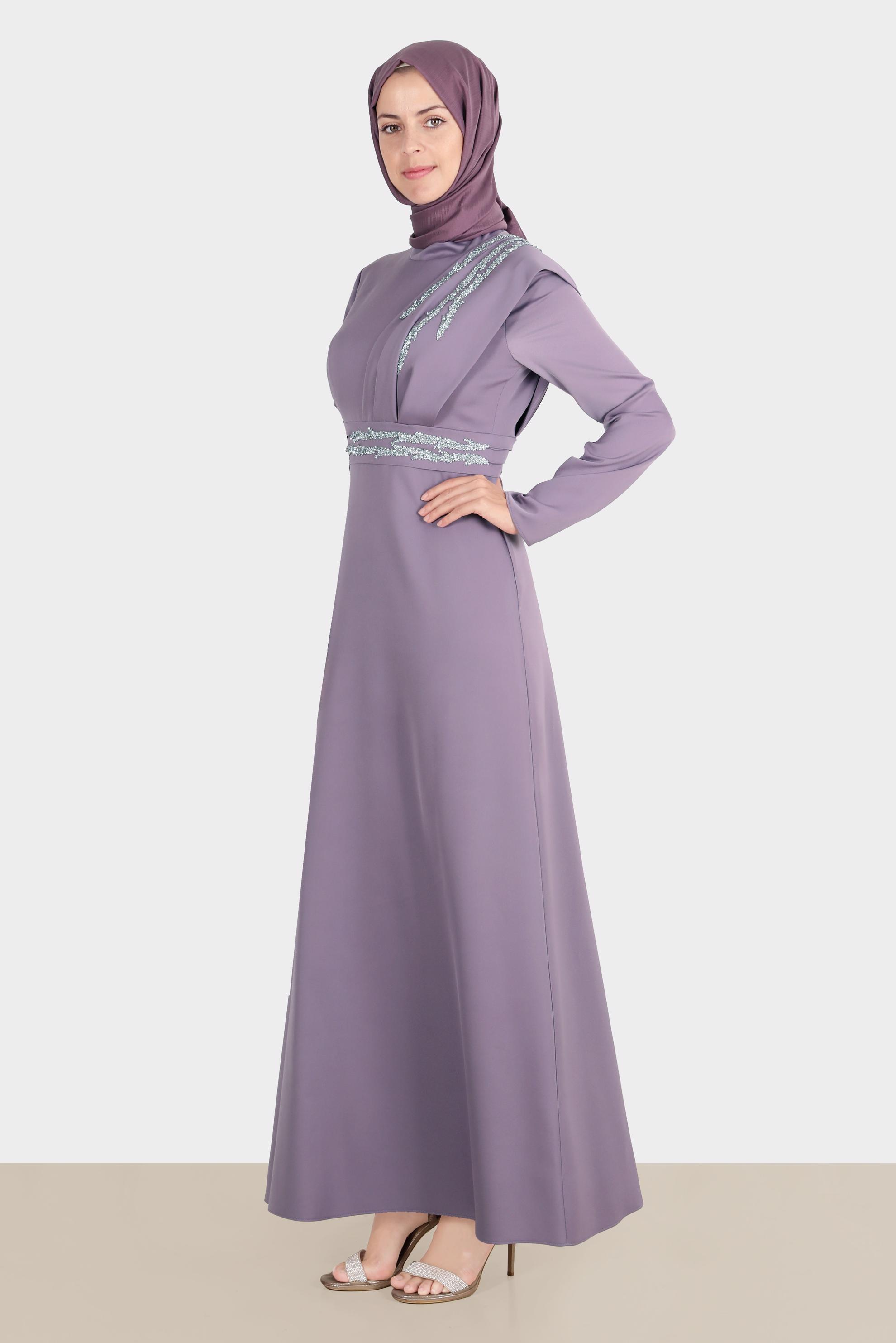 Hijab clothing PURPLE GEM EMBROIDERED SATIN EVENING DRESS 50257 