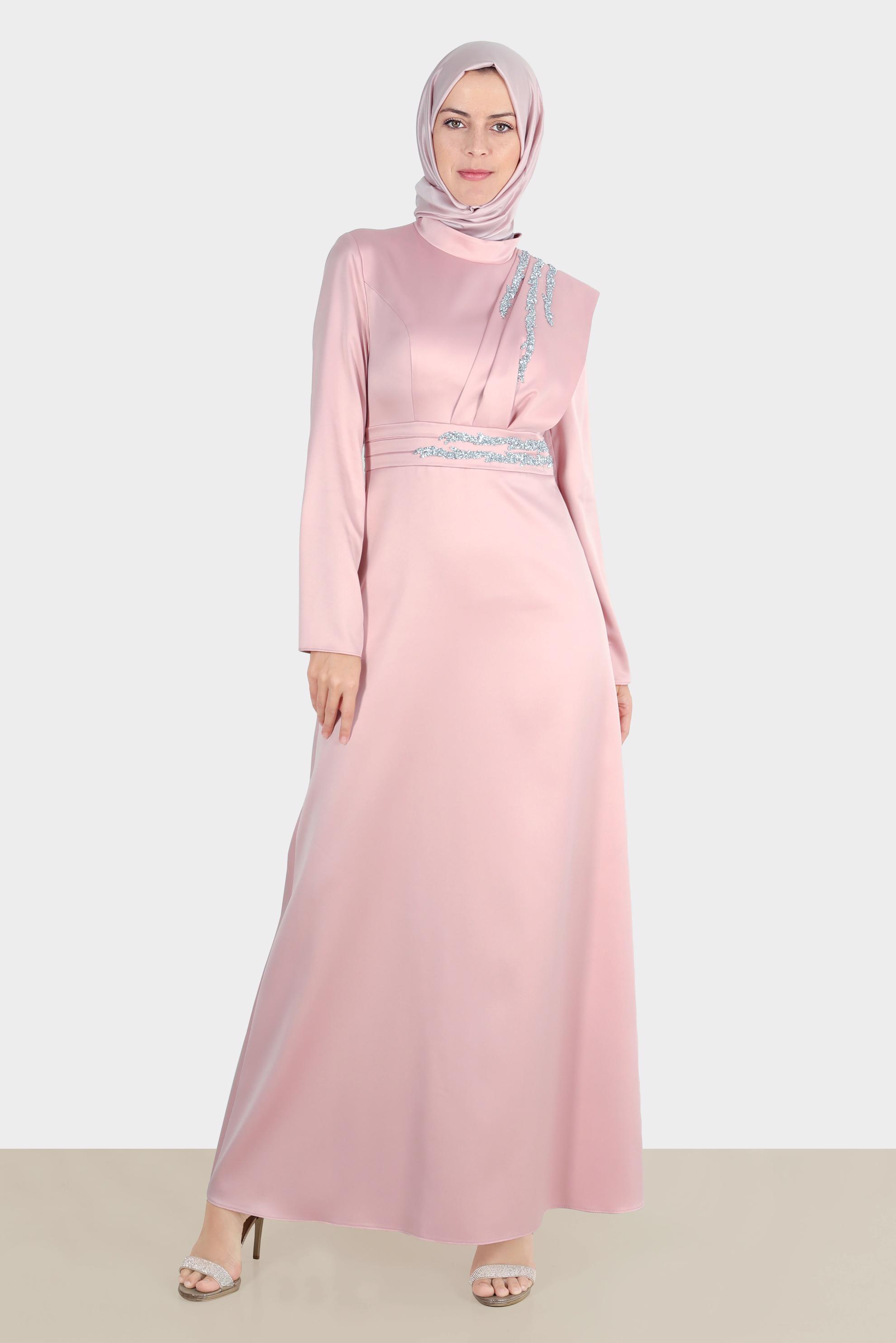 Tesettür giyim PUDRA TAŞ İŞLEMELİ SATEN ABİYE 50257 