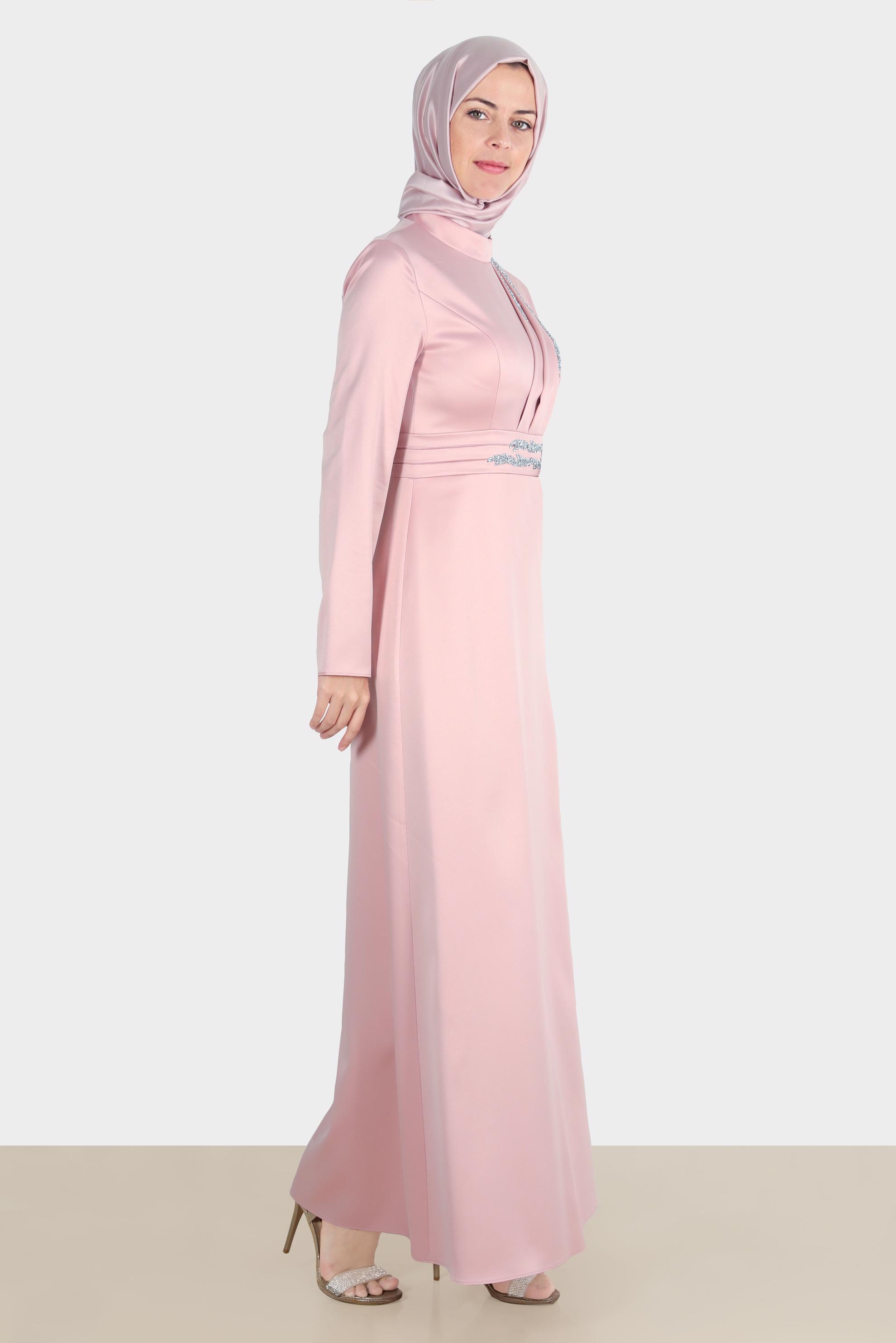 Tesettür giyim PUDRA TAŞ İŞLEMELİ SATEN ABİYE 50257 