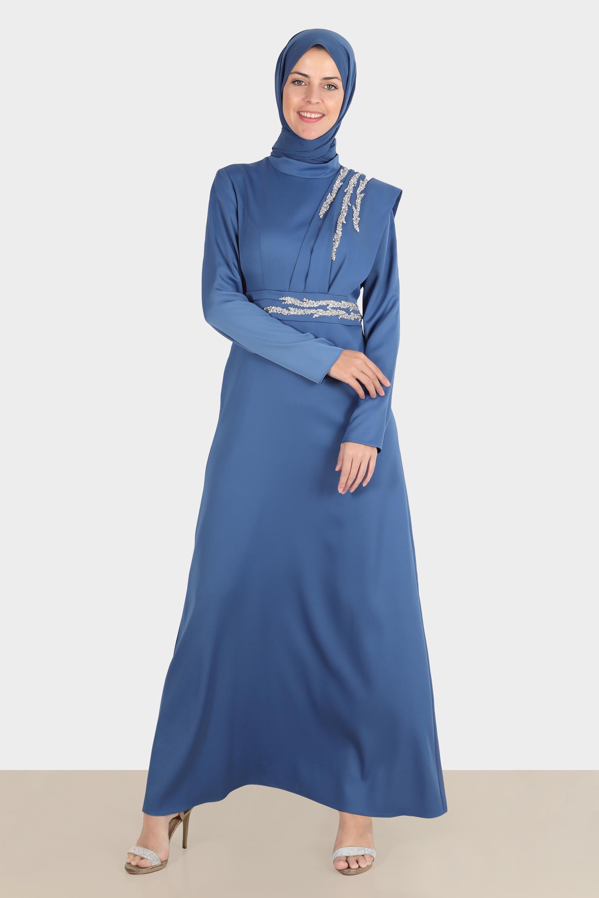 Tesettür giyim LACİVERT TAŞ İŞLEMELİ SATEN ABİYE 50257 