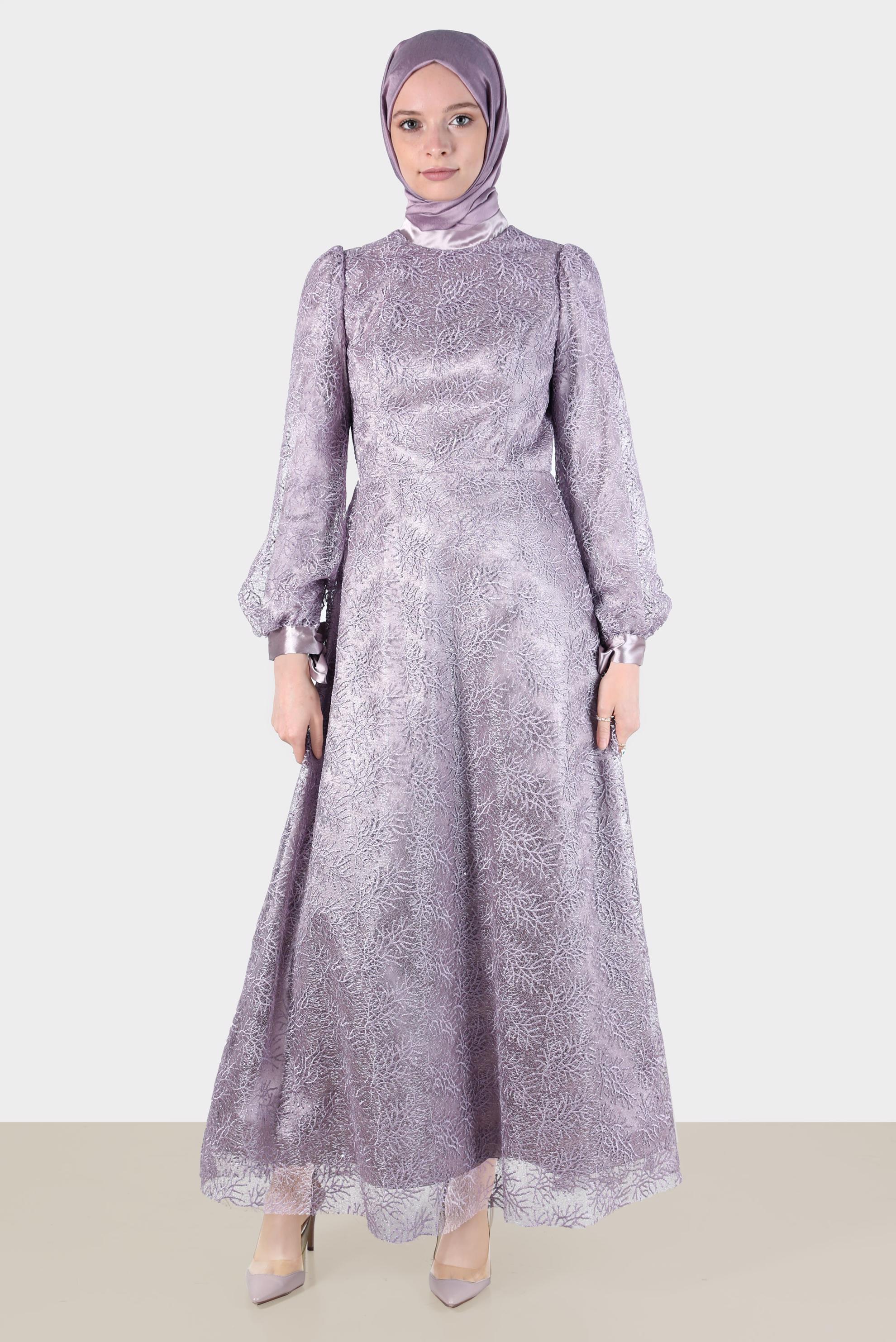 Tesettür giyim MOR MANŞETLERİ SATEN BAĞLAMA DETAYLI GÜPÜR ABİYE 50258 