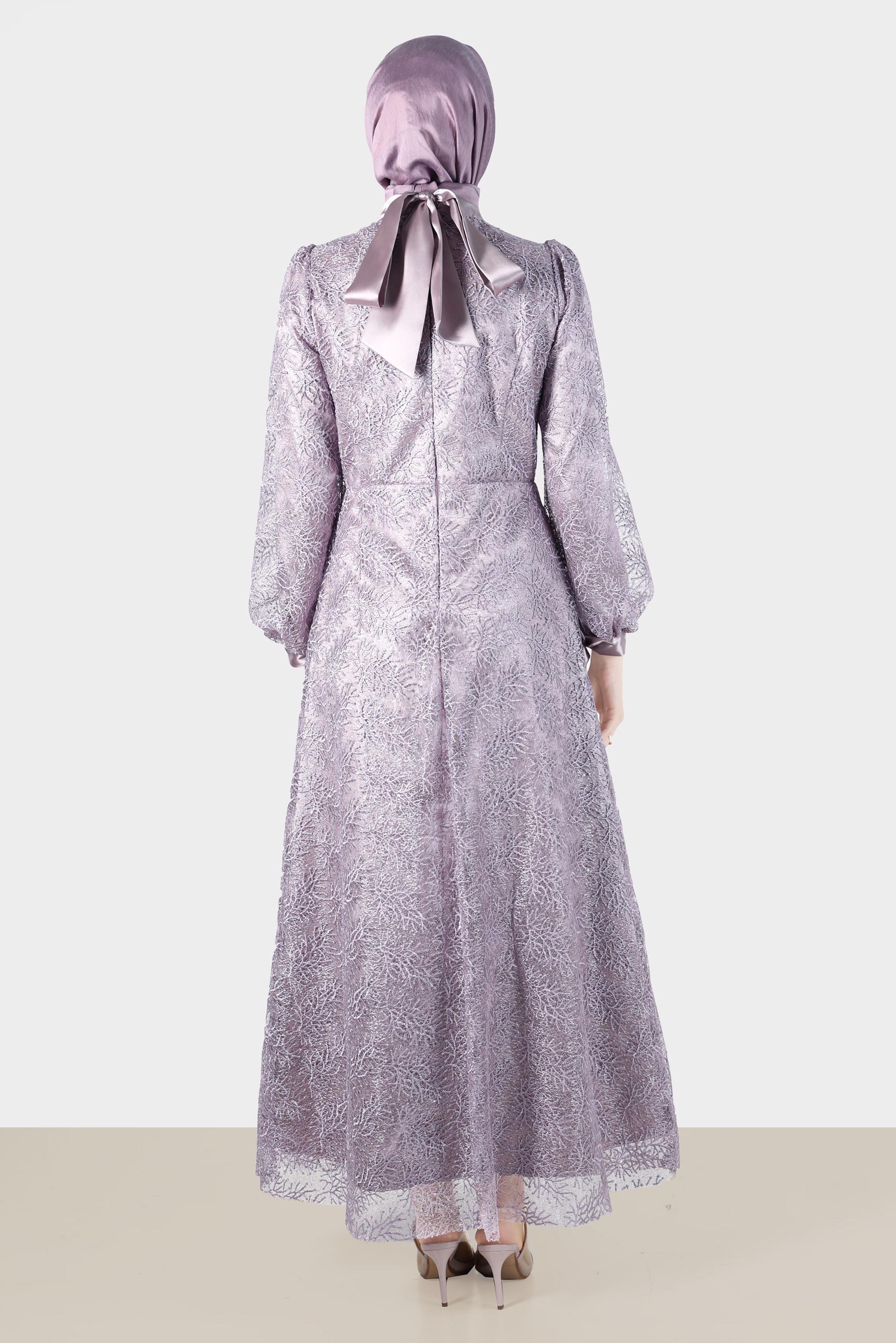 Tesettür giyim MOR MANŞETLERİ SATEN BAĞLAMA DETAYLI GÜPÜR ABİYE 50258 