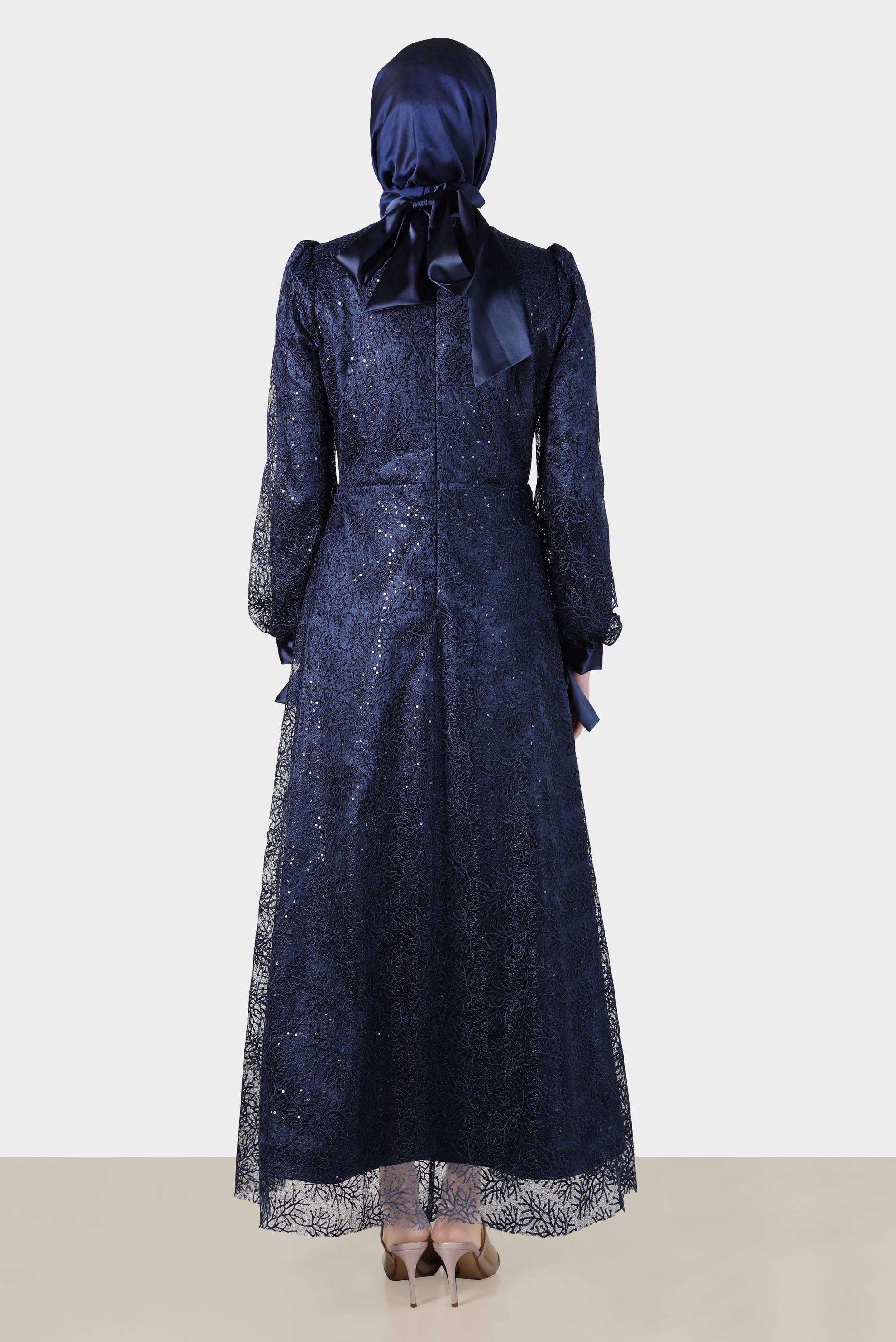 Tesettür giyim LACİVERT MANŞETLERİ SATEN BAĞLAMA DETAYLI GÜPÜR ABİYE 50258 