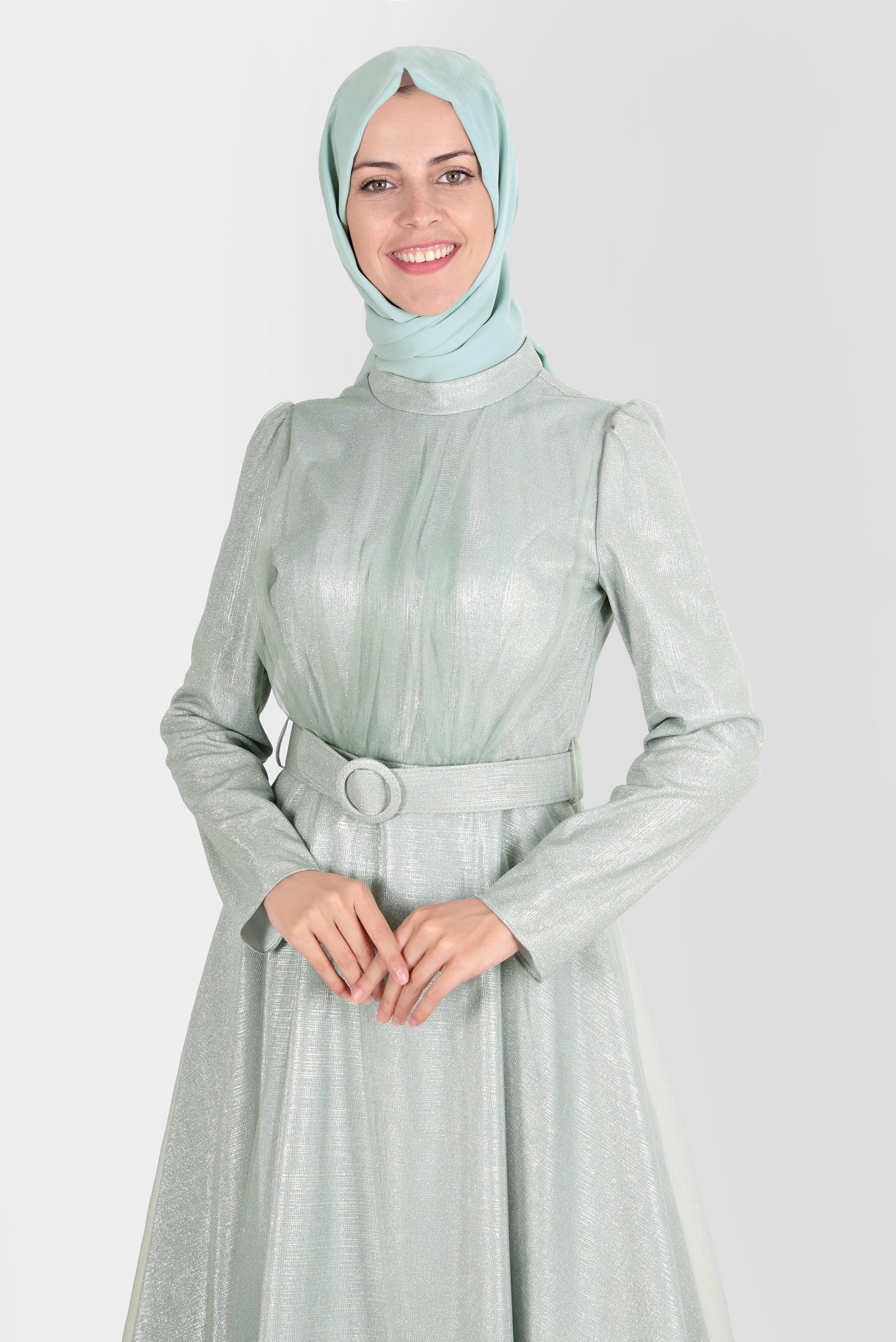 Tesettür giyim MAVİ KEMERLİ PARLAK ABİYE ELBİSE 50262 