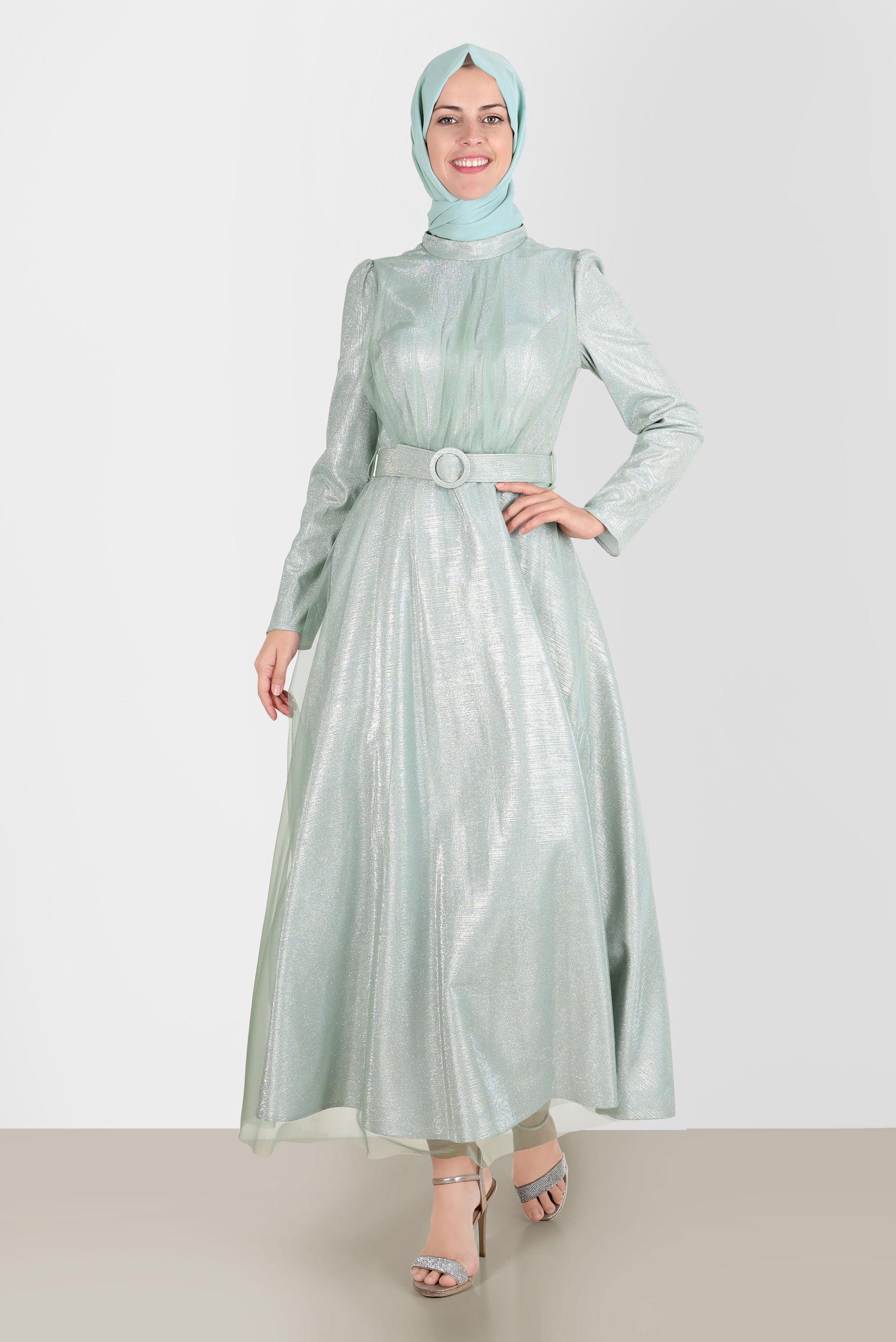 Tesettür giyim MAVİ KEMERLİ PARLAK ABİYE ELBİSE 50262 