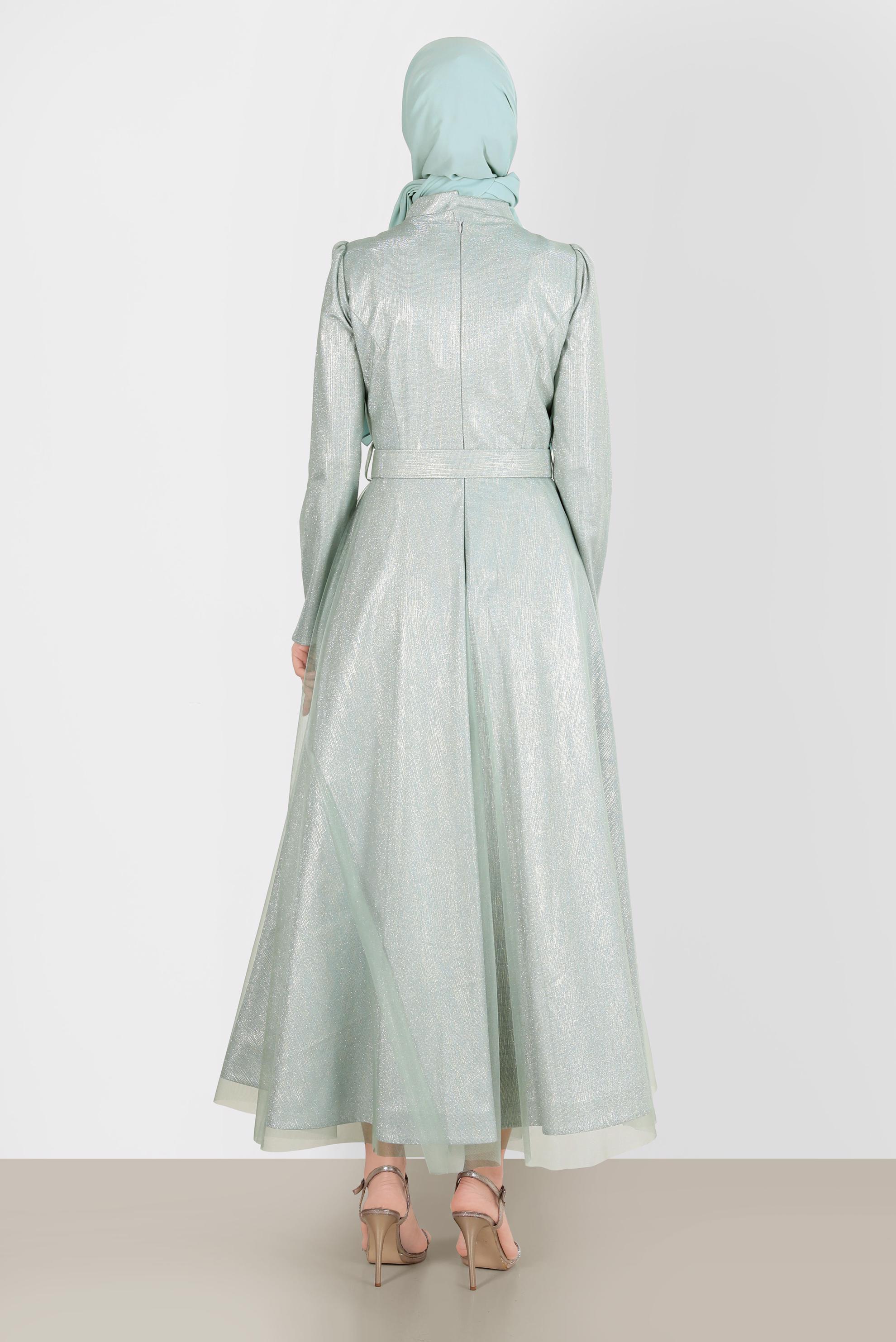 Tesettür giyim MAVİ KEMERLİ PARLAK ABİYE ELBİSE 50262 