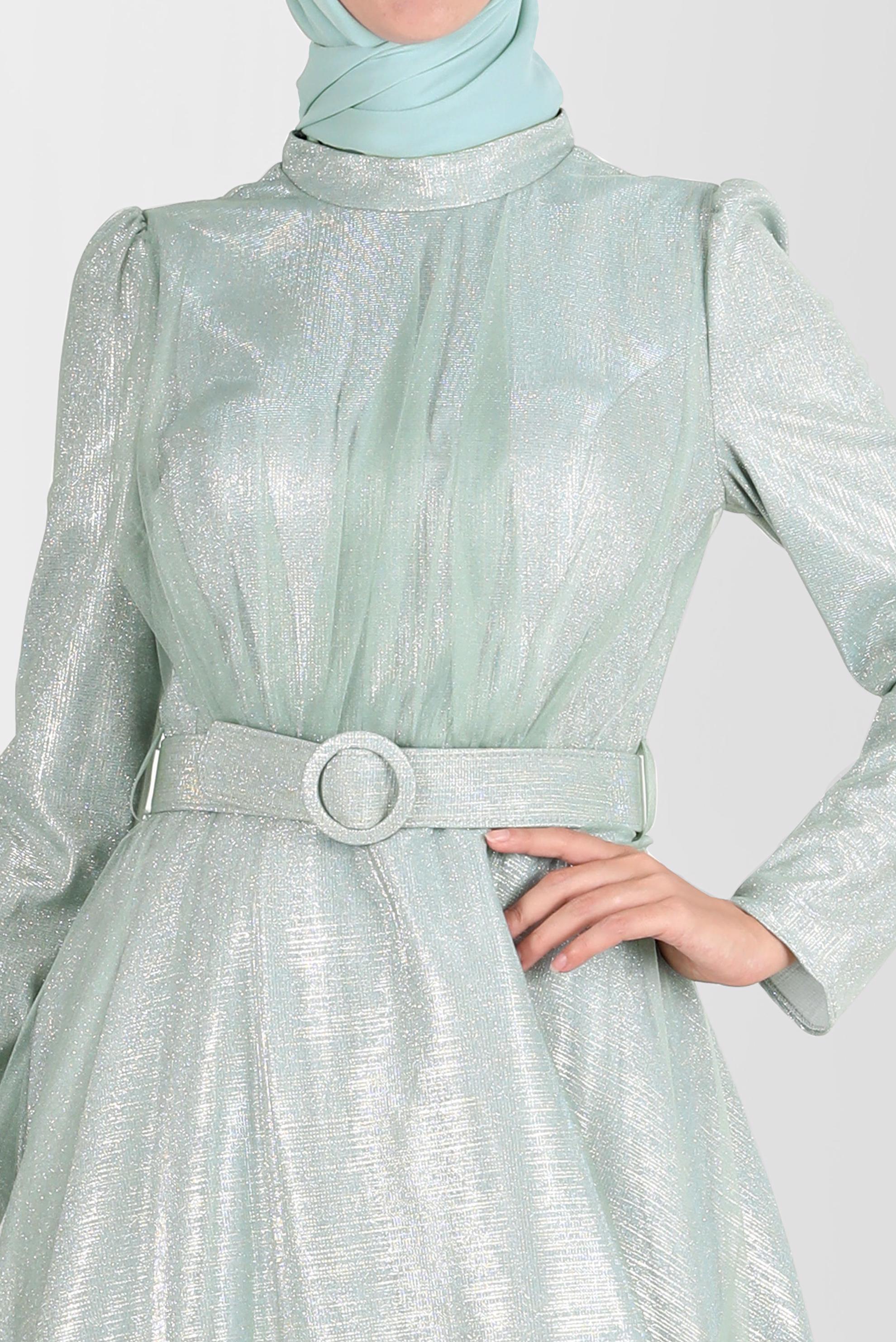 Tesettür giyim MAVİ KEMERLİ PARLAK ABİYE ELBİSE 50262 