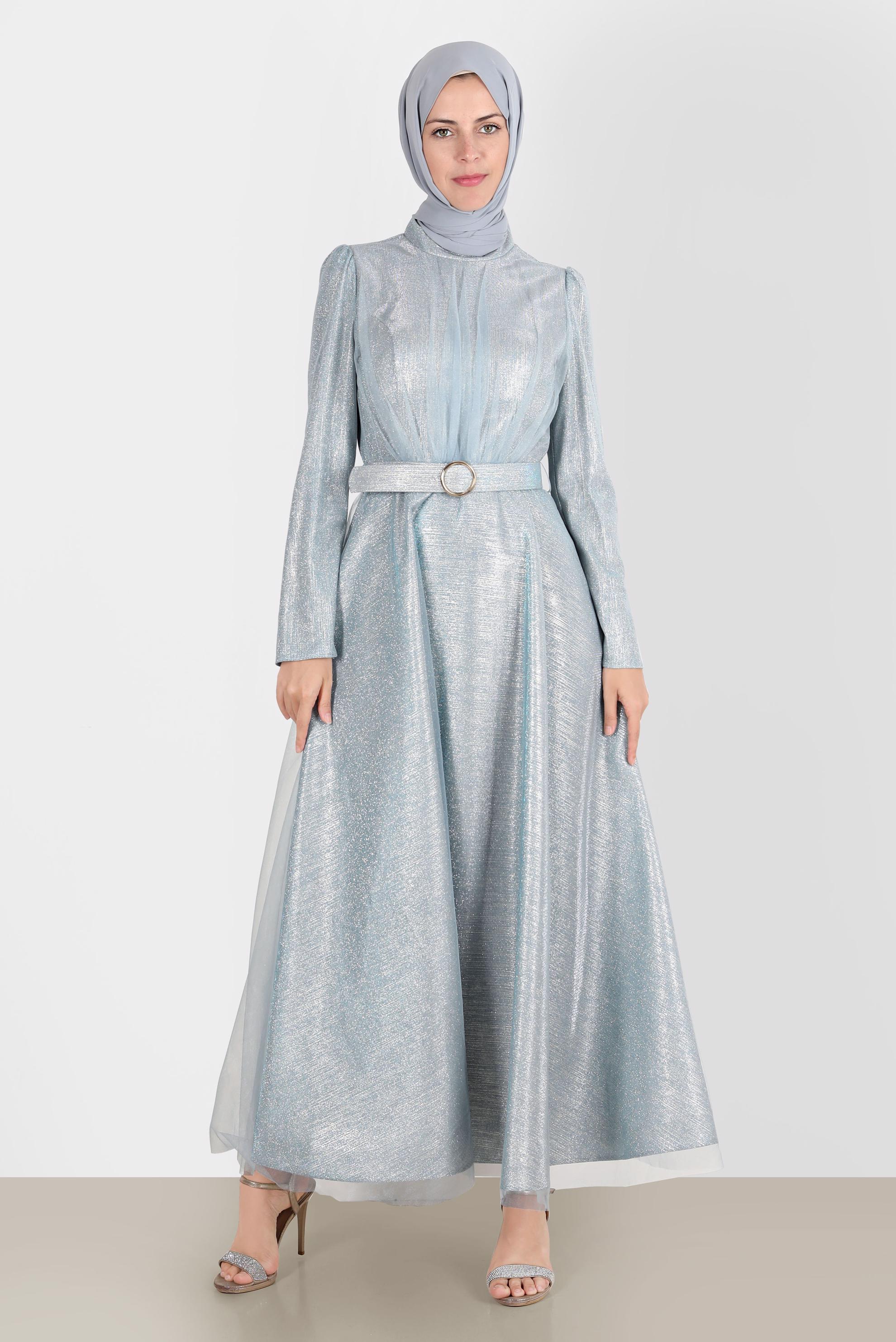 Tesettür giyim MAVİ KEMERLİ PARLAK ABİYE ELBİSE 50262 