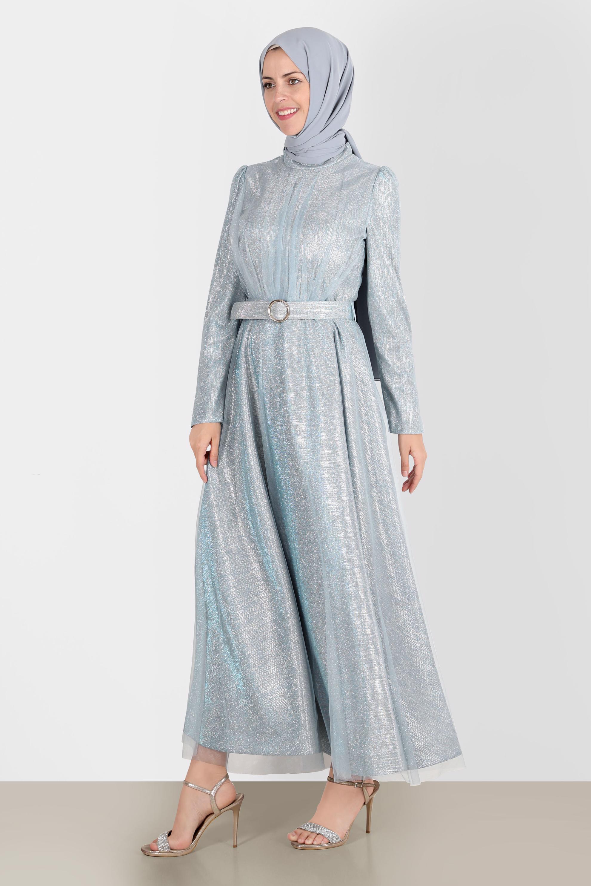 Tesettür giyim MAVİ KEMERLİ PARLAK ABİYE ELBİSE 50262 