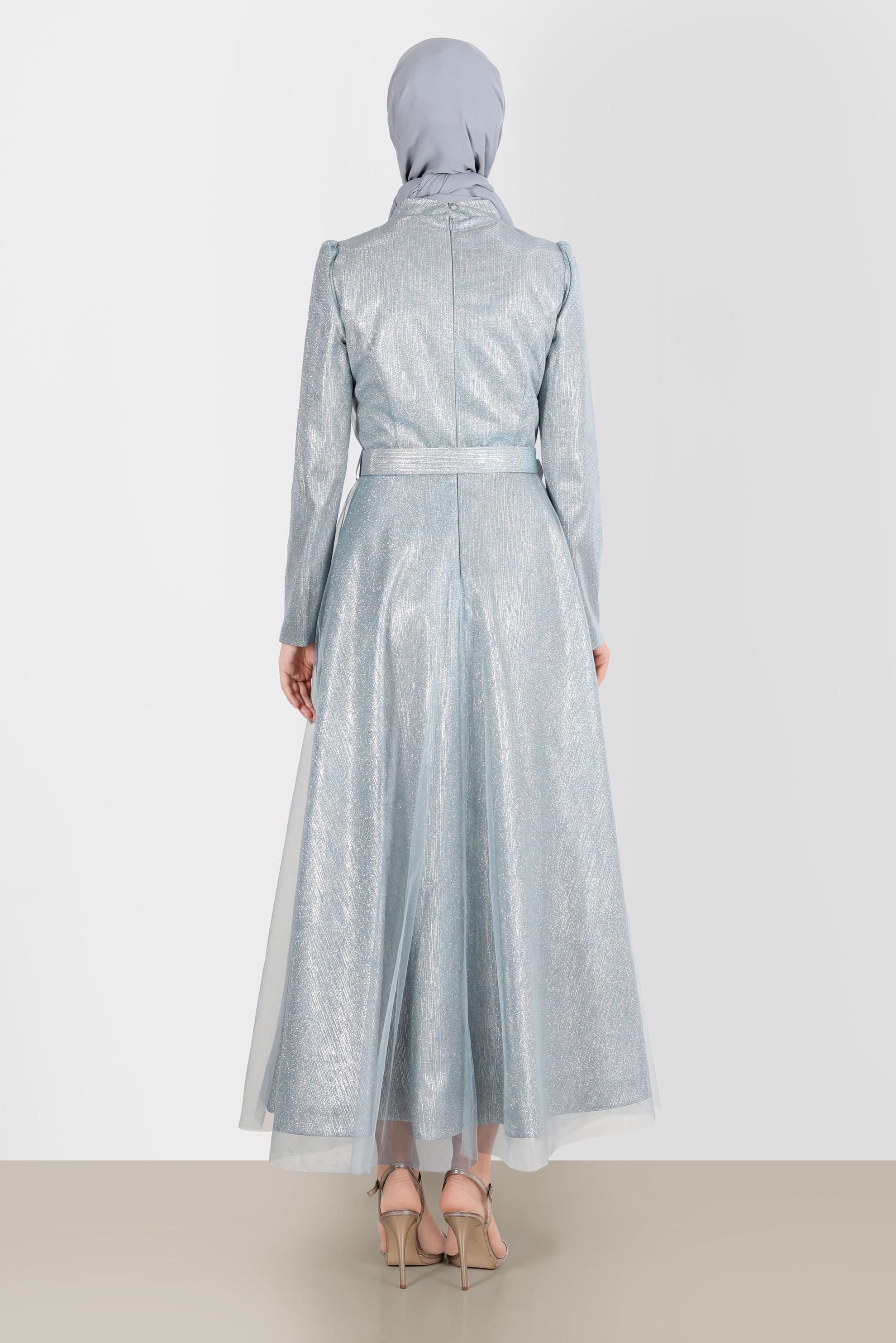 Tesettür giyim MAVİ KEMERLİ PARLAK ABİYE ELBİSE 50262 