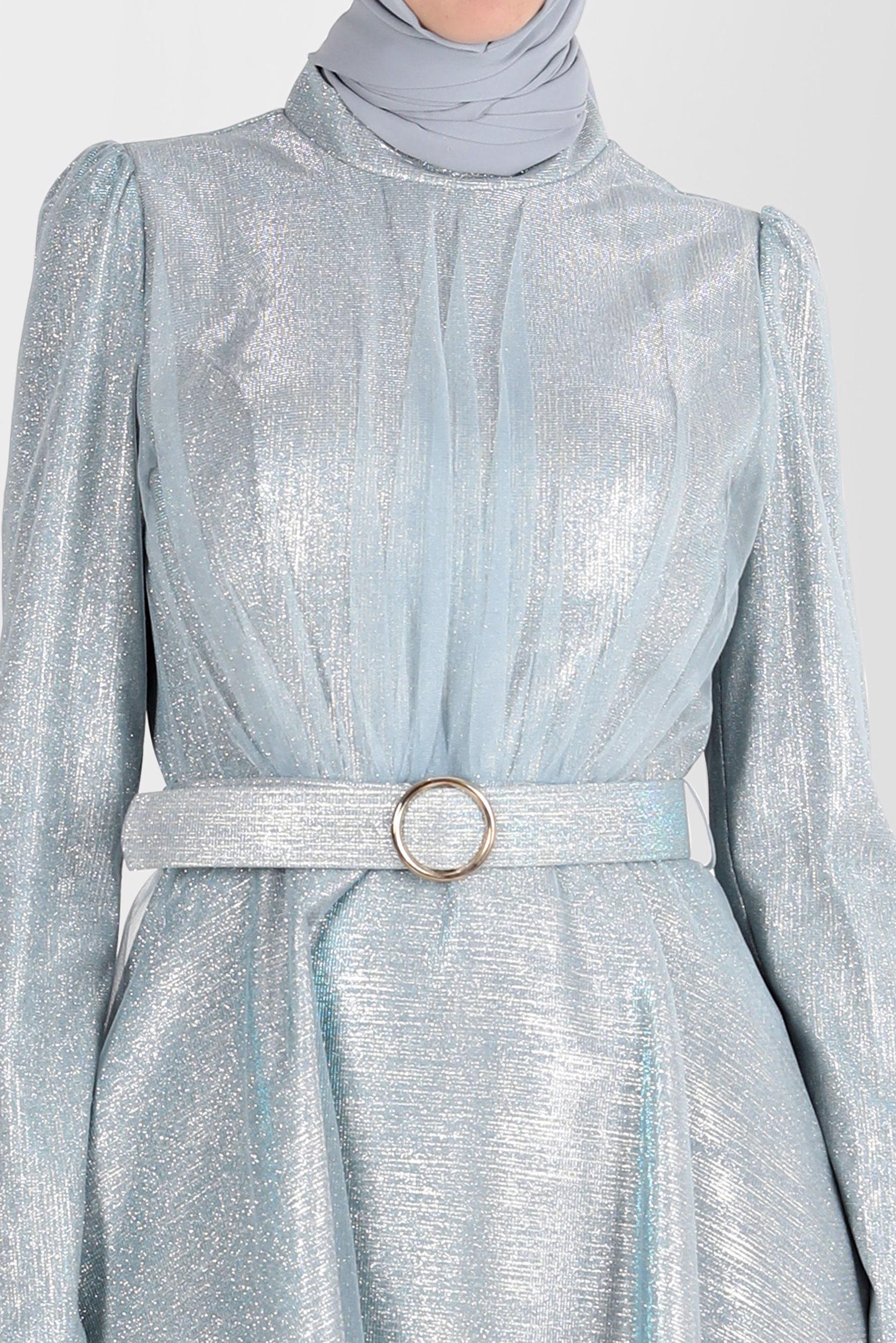 Tesettür giyim MAVİ KEMERLİ PARLAK ABİYE ELBİSE 50262 