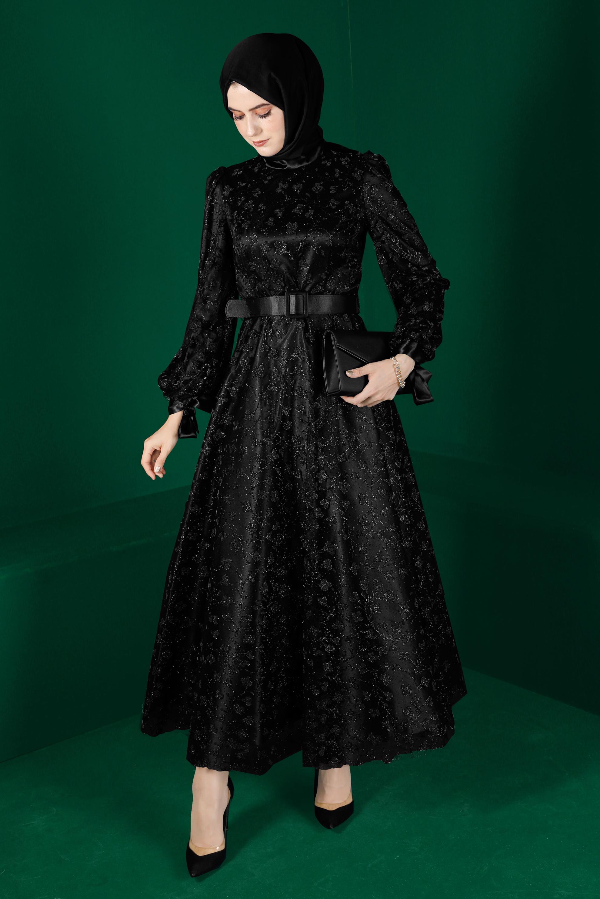 Hijab clothing BLACK FLORAL PATTERN BELTED EVENING DRESS 50266