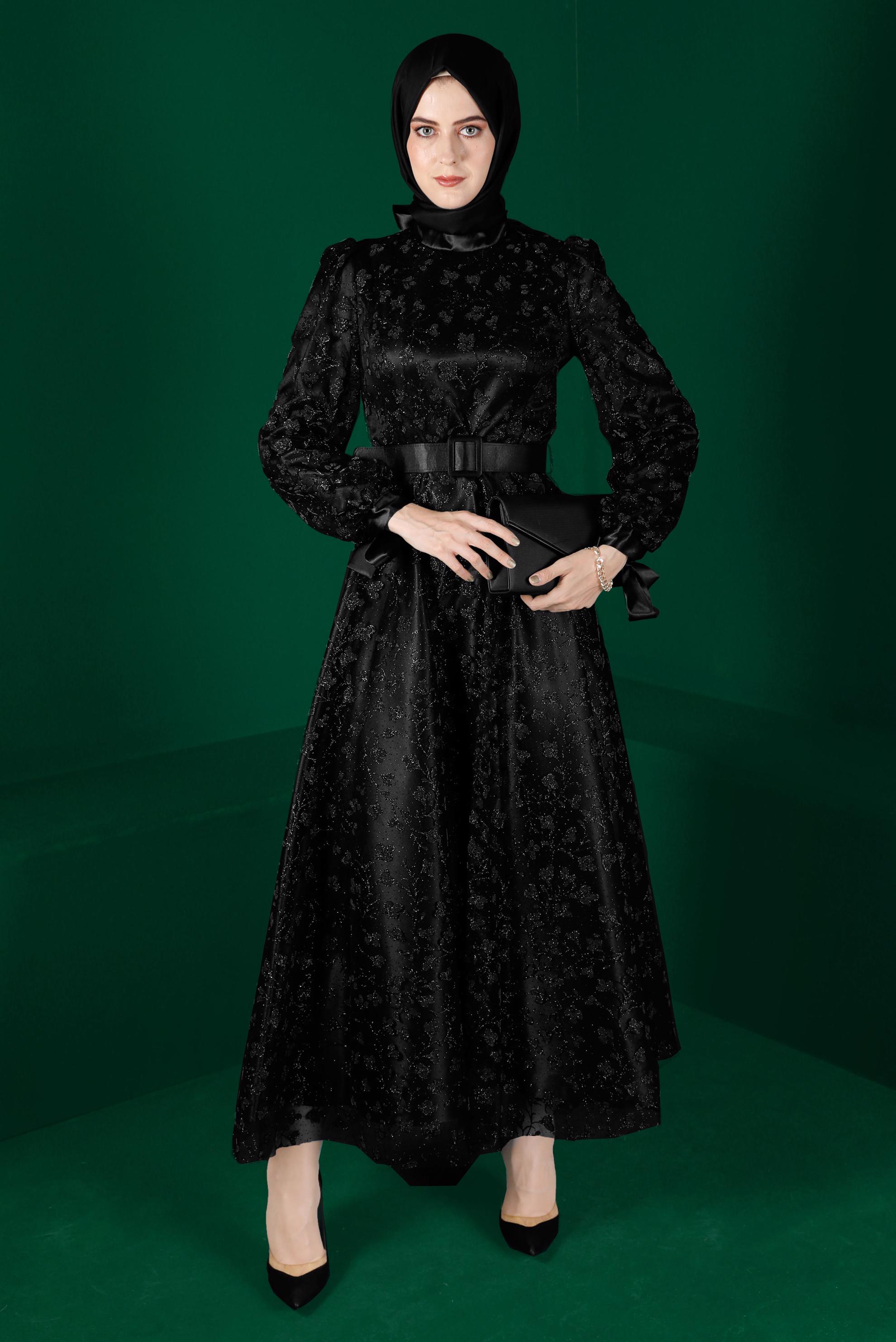 Hijab clothing BLACK FLORAL PATTERN BELTED EVENING DRESS 50266