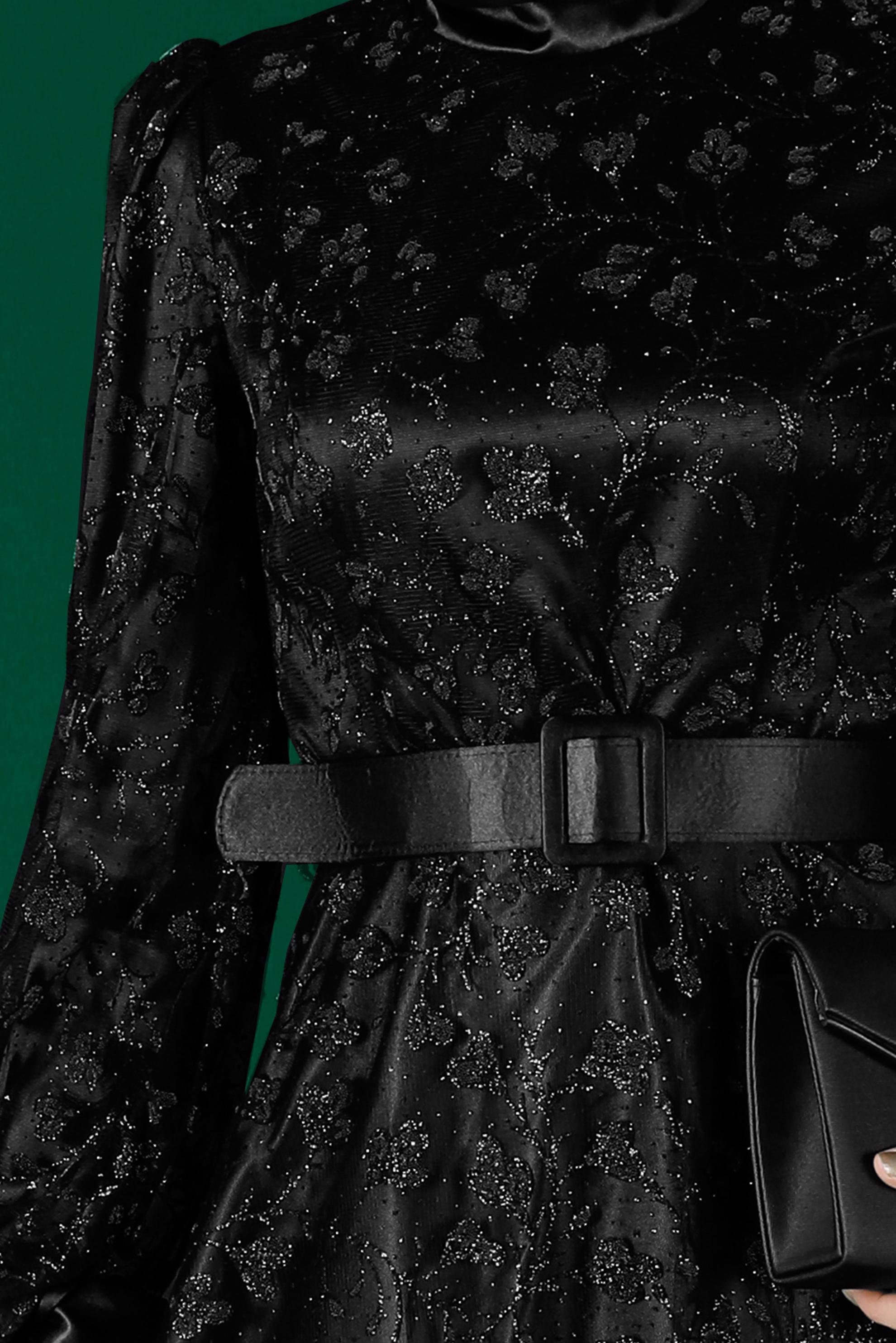 Hijab clothing BLACK FLORAL PATTERN BELTED EVENING DRESS 50266