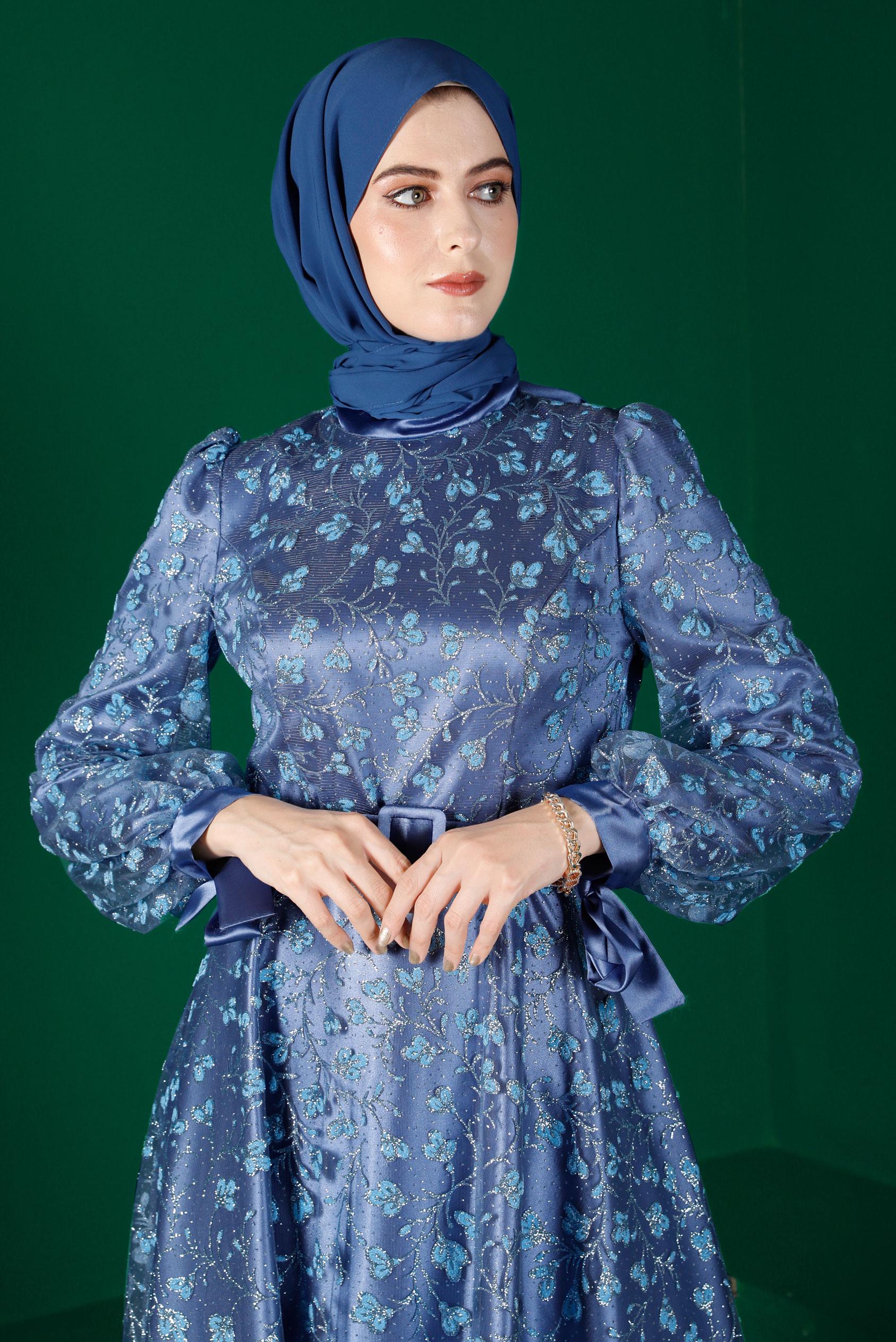 Vêtements hijab BLEU ROBE DE SOIRÉE AVEC CEINTURE MOTIF FLEURI 50266