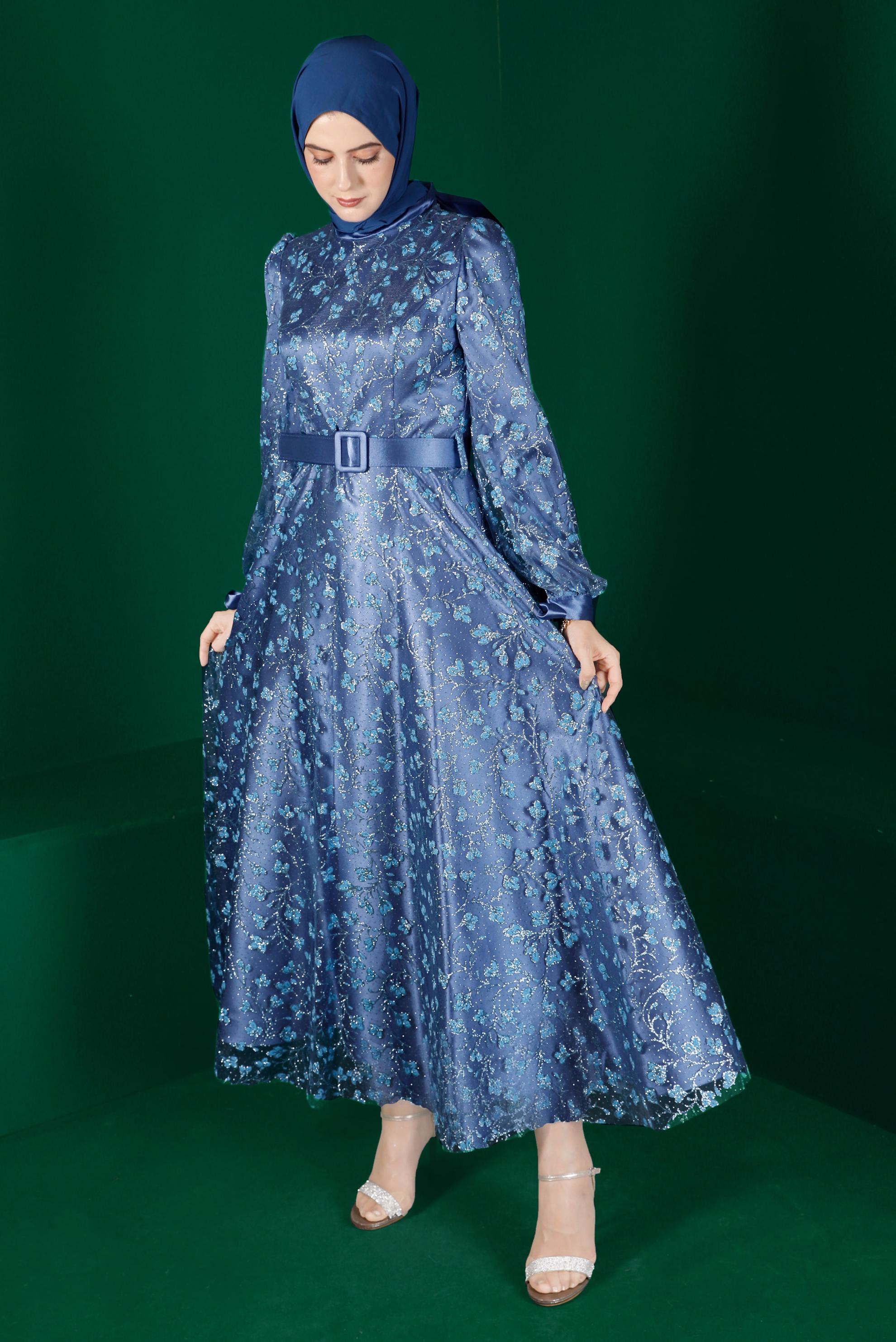 Vêtements hijab BLEU ROBE DE SOIRÉE AVEC CEINTURE MOTIF FLEURI 50266