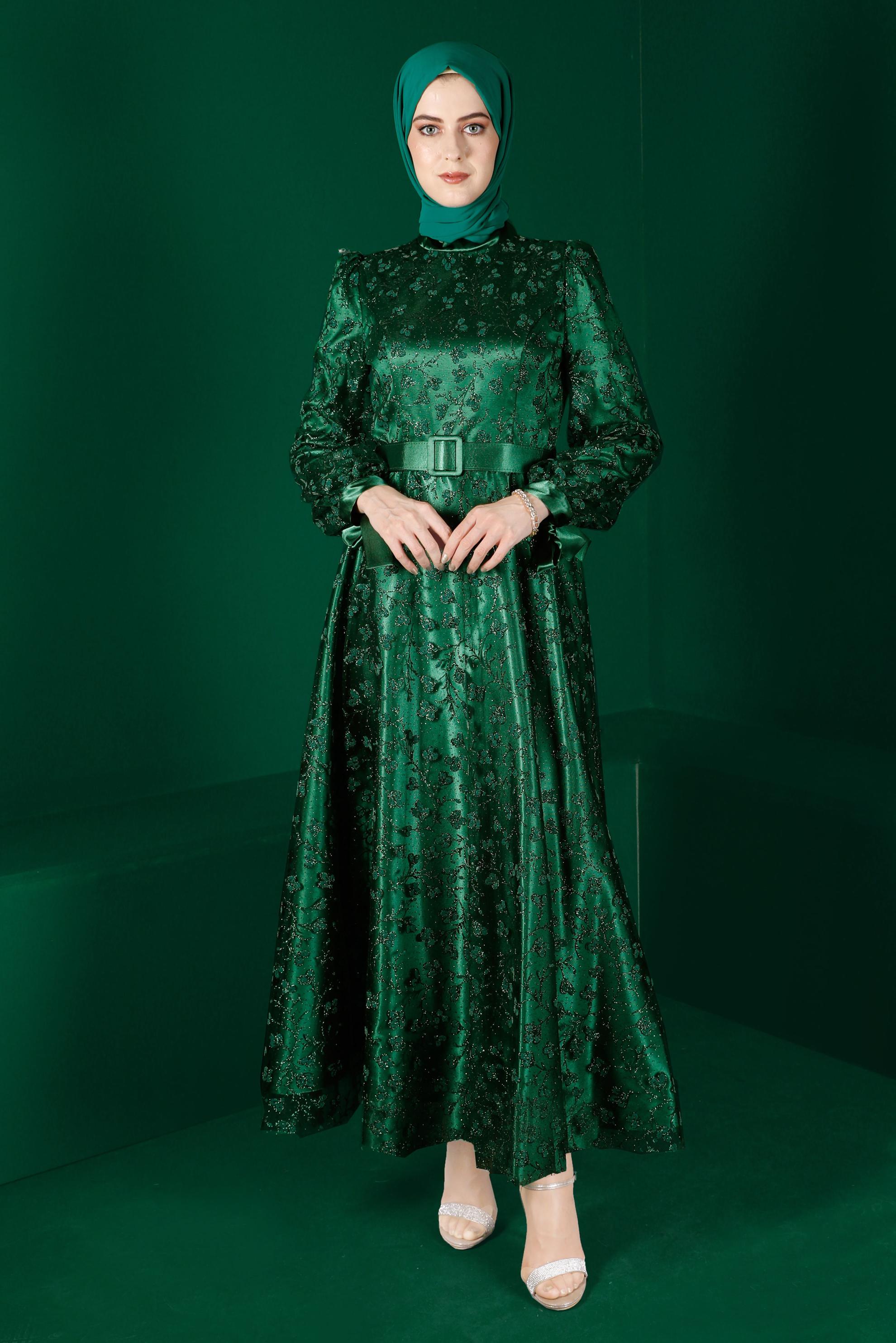 Vêtements hijab VERT ROBE DE SOIRÉE AVEC CEINTURE MOTIF FLEURI 50266
