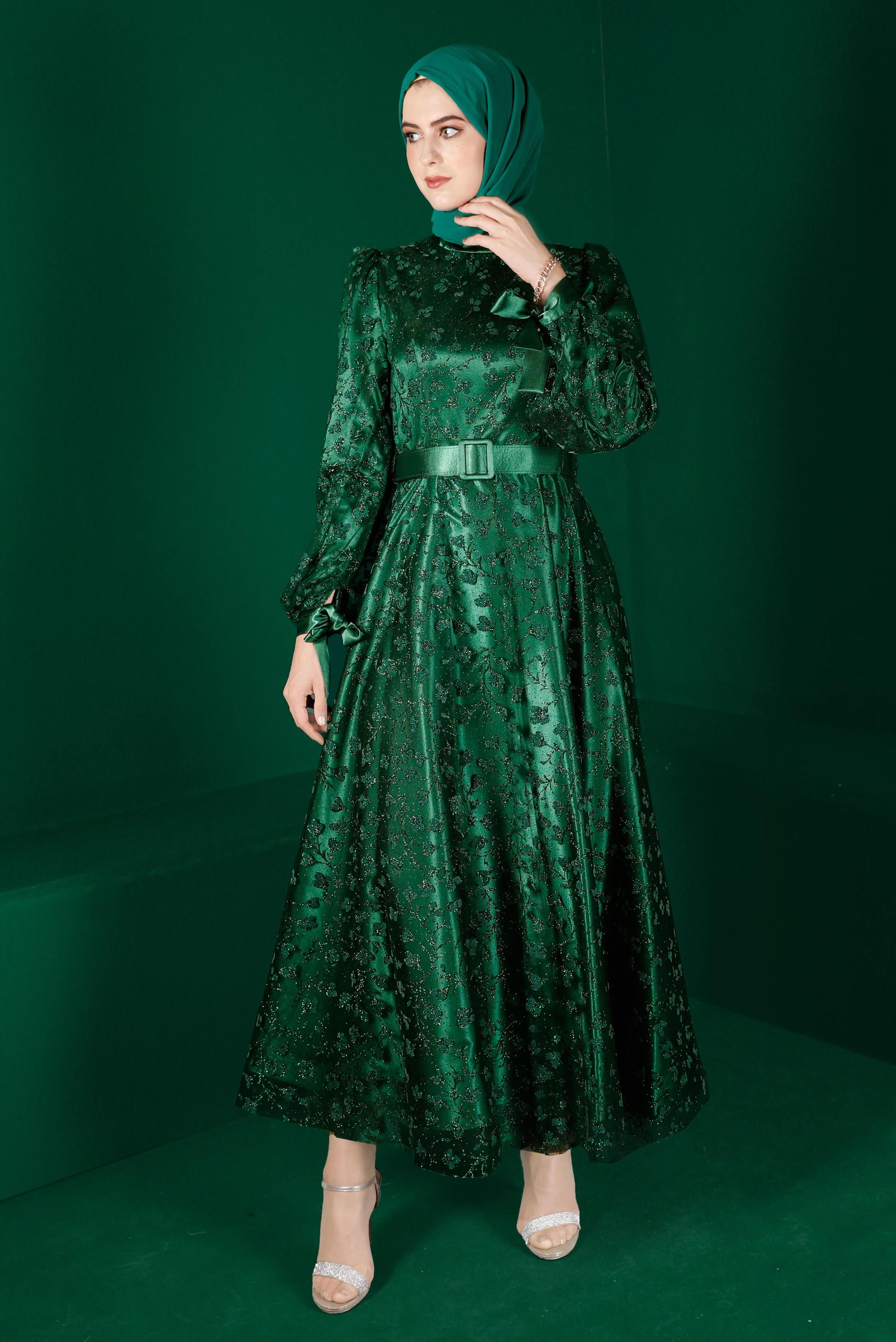 Vêtements hijab VERT ROBE DE SOIRÉE AVEC CEINTURE MOTIF FLEURI 50266