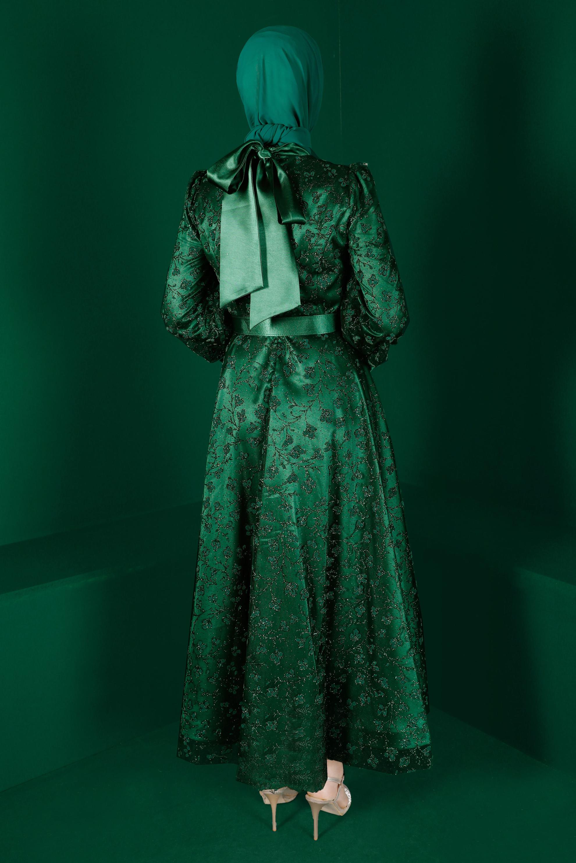 Vêtements hijab VERT ROBE DE SOIRÉE AVEC CEINTURE MOTIF FLEURI 50266